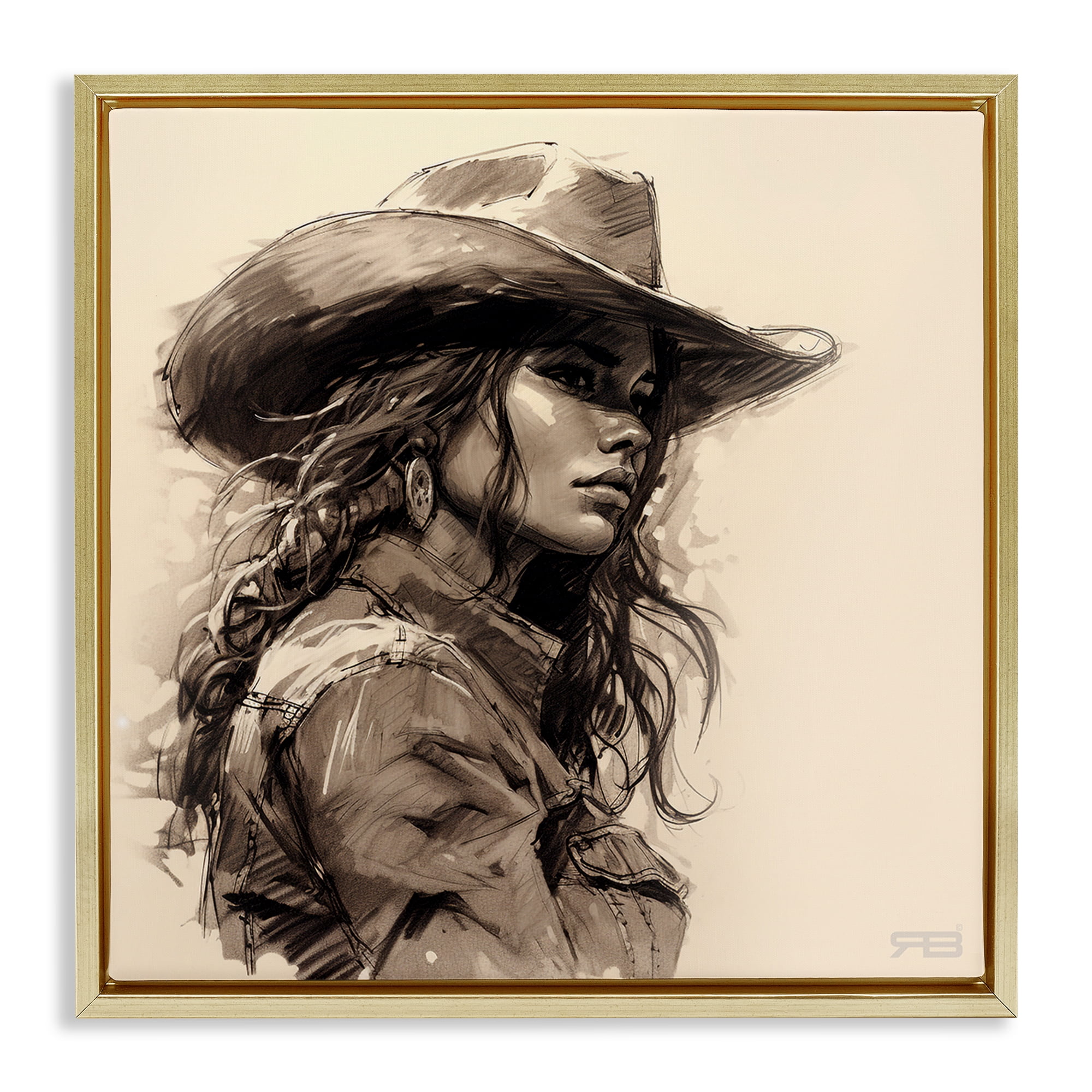 Stupell Industries Stoic Cowgirl Looking Away People Painting Gold Floater Framed Canvas Art Print Wall Art, 25 x 25