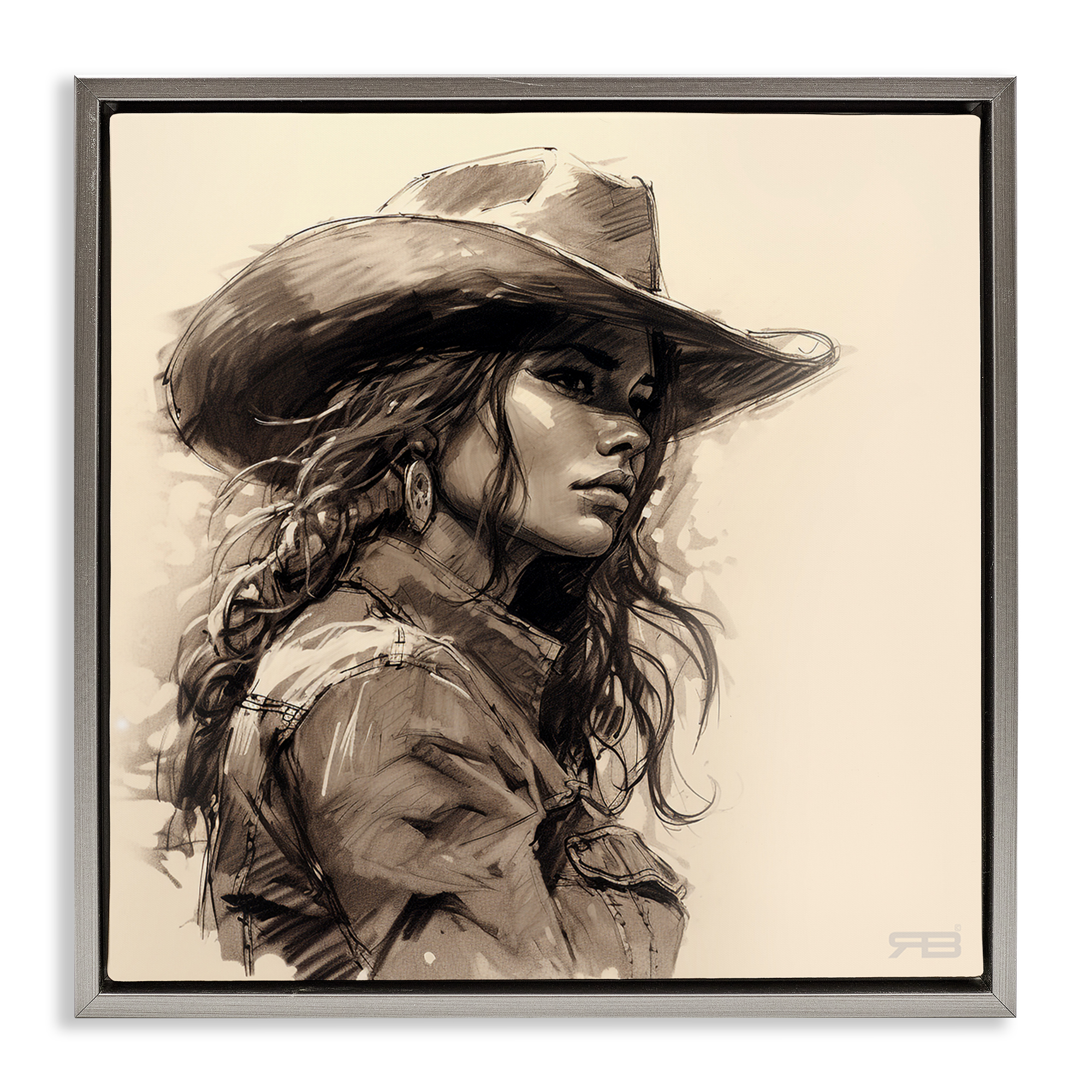 Stupell Industries Stoic Cowgirl Looking Away People Painting Gray Floater Framed Canvas Art Print Wall Art, 18 x 18