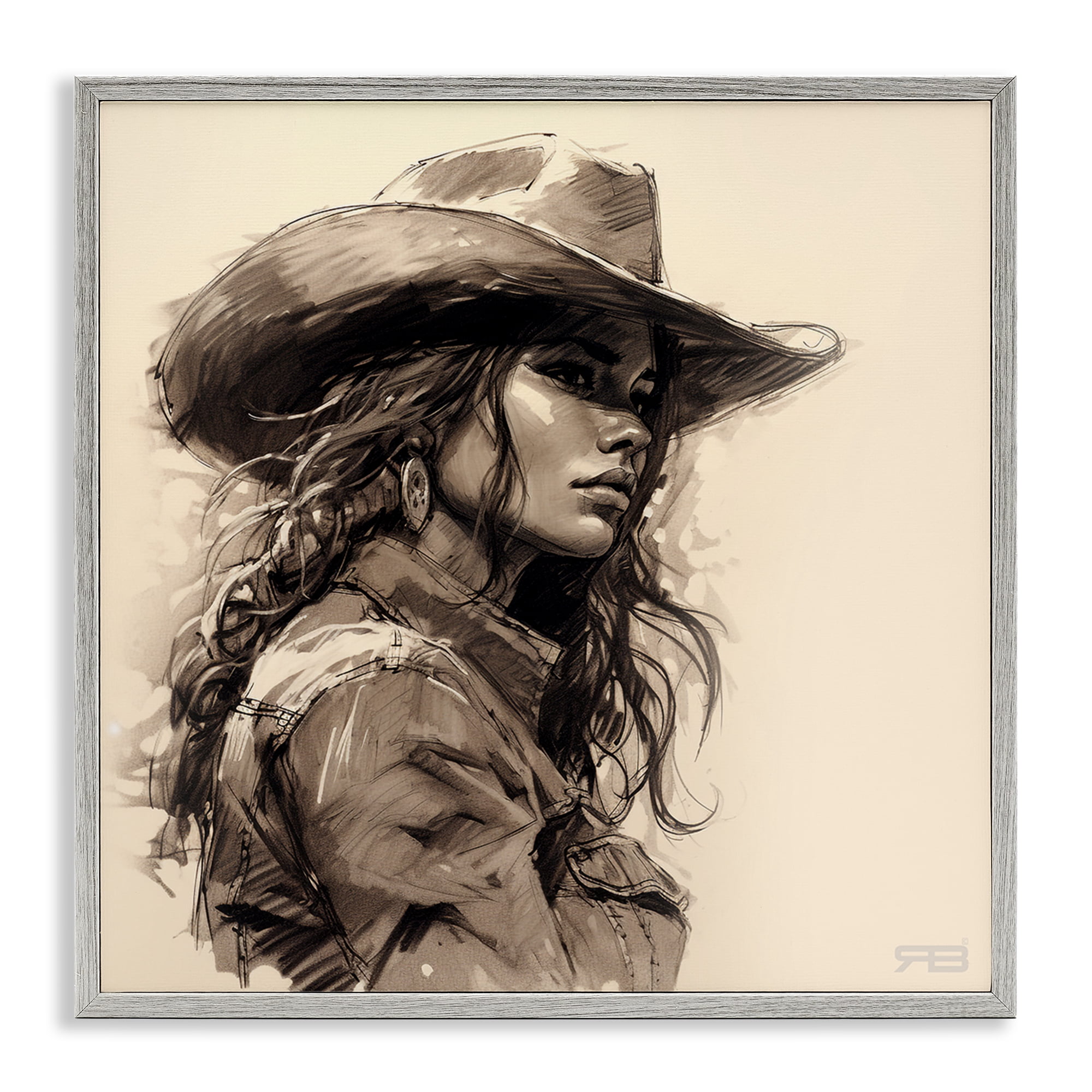 Stupell Industries Stoic Cowgirl Looking Away People Painting Gray Framed Art Print Wall Art, 17 x 17
