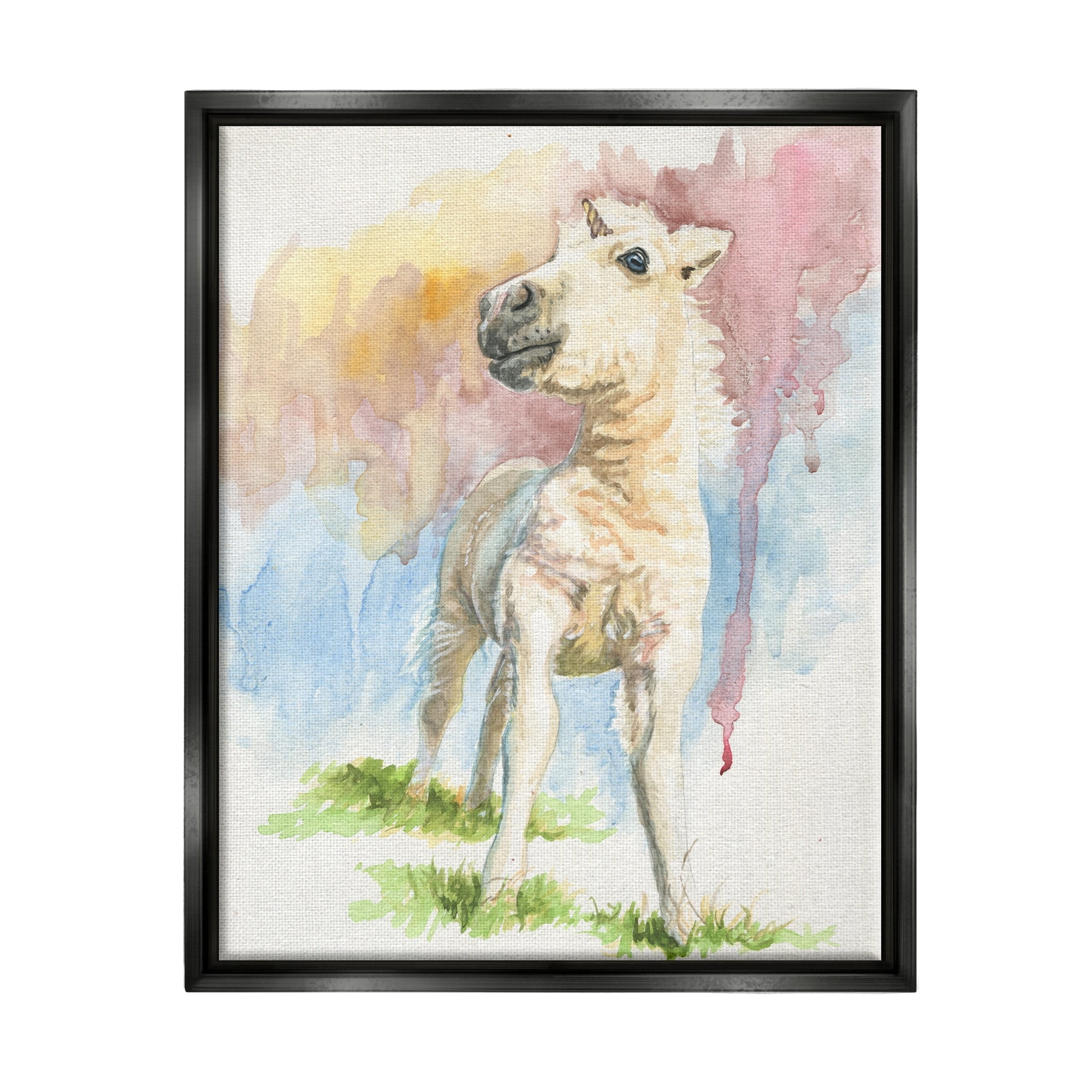 Stupell Industries Stoic Fantasy Unicorn Pastel Dripping Watercolor Detail Graphic Art Jet Black Floating Framed Canvas Print Wall Art, Design by Jennifer Redstreake