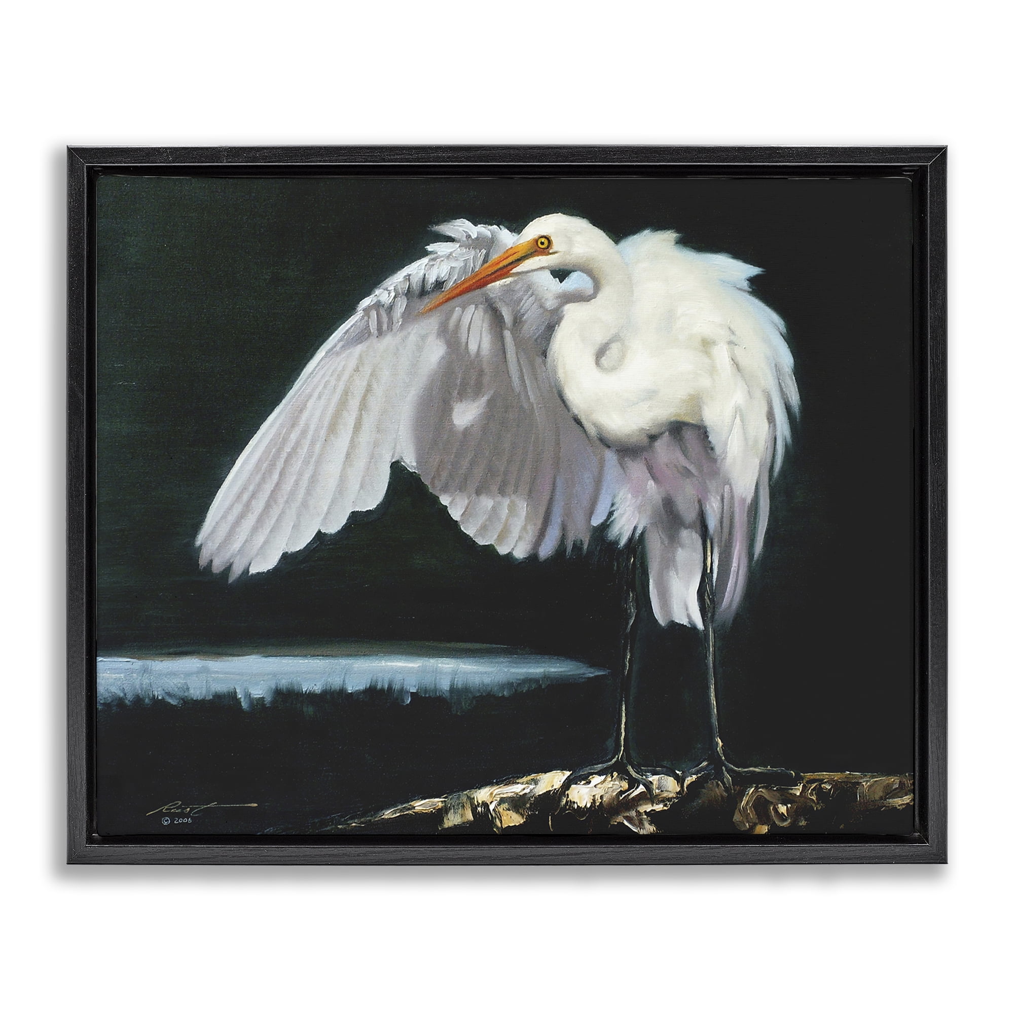 Stupell Industries Stoic Heron Standing Animals & Insects Painting Black Floater Framed Canvas Art Print Wall Art, 31 x 25