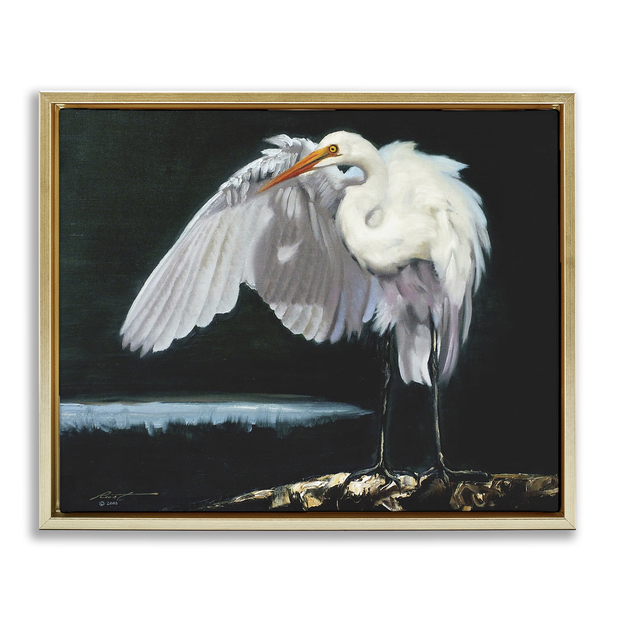 Stupell Industries Stoic Heron Standing Animals & Insects Painting Gold Floater Framed Canvas Art Print Wall Art, 31 x 25