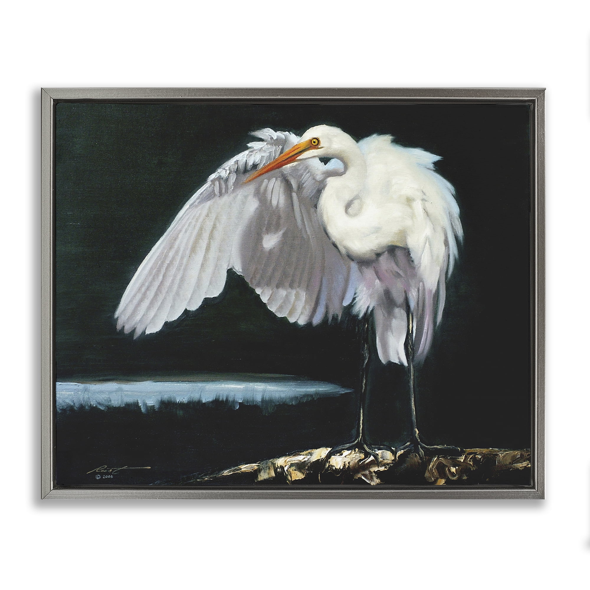 Stupell Industries Stoic Heron Standing Animals & Insects Painting Gray Floater Framed Canvas Art Print Wall Art, 31 x 25