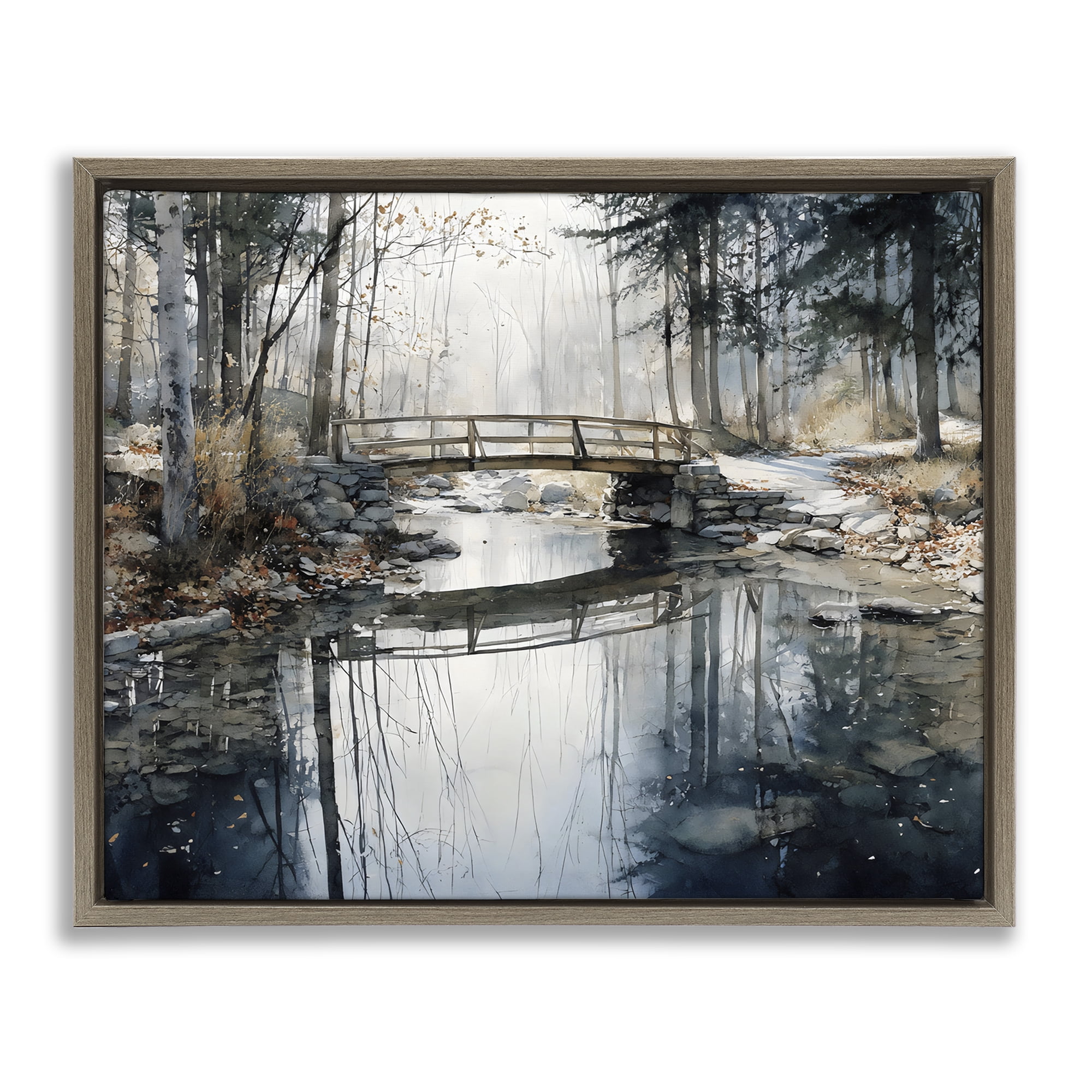 Stupell Industries Stone Bridge over Stream Brown Framed Floater Canvas Wall Art, design by Franklyn Gregory
