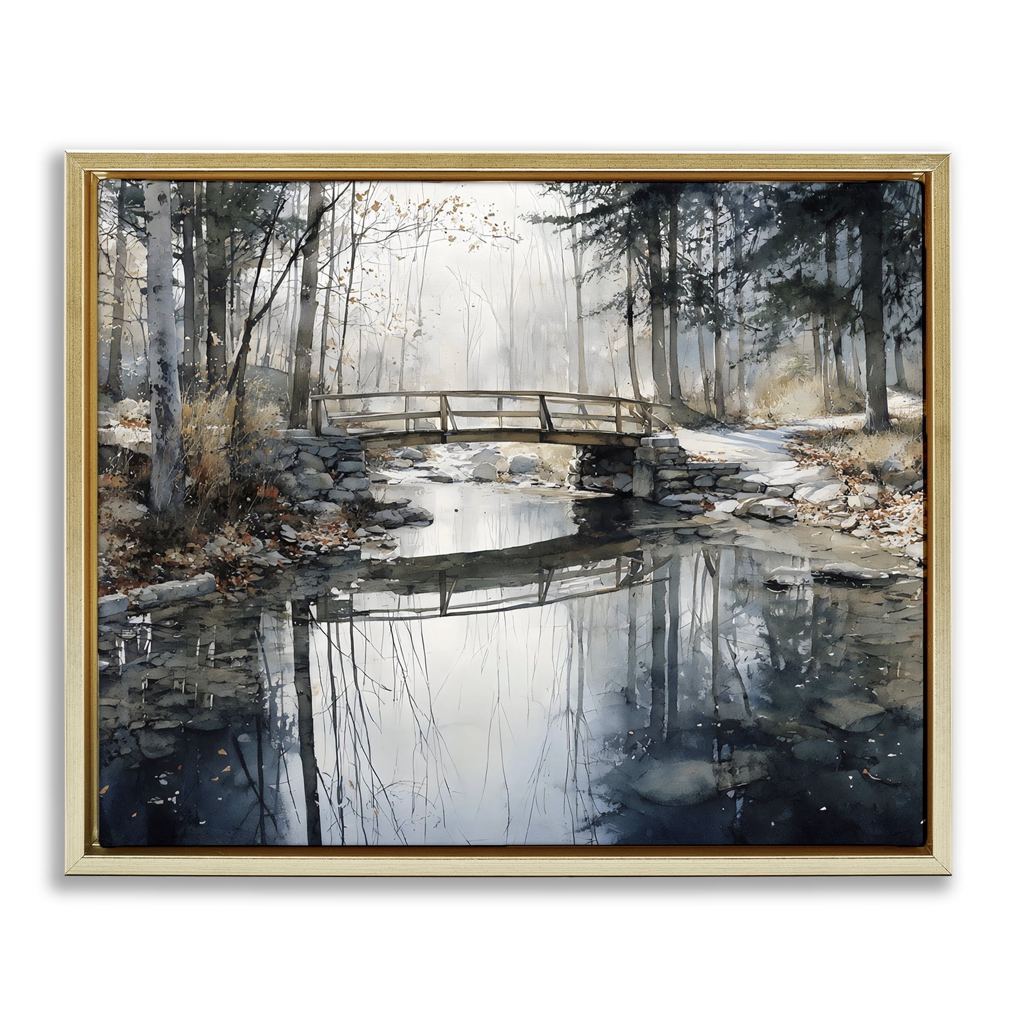 Stupell Industries Stone Bridge over Stream Gold Framed Floater Canvas Wall Art, design by Franklyn Gregory