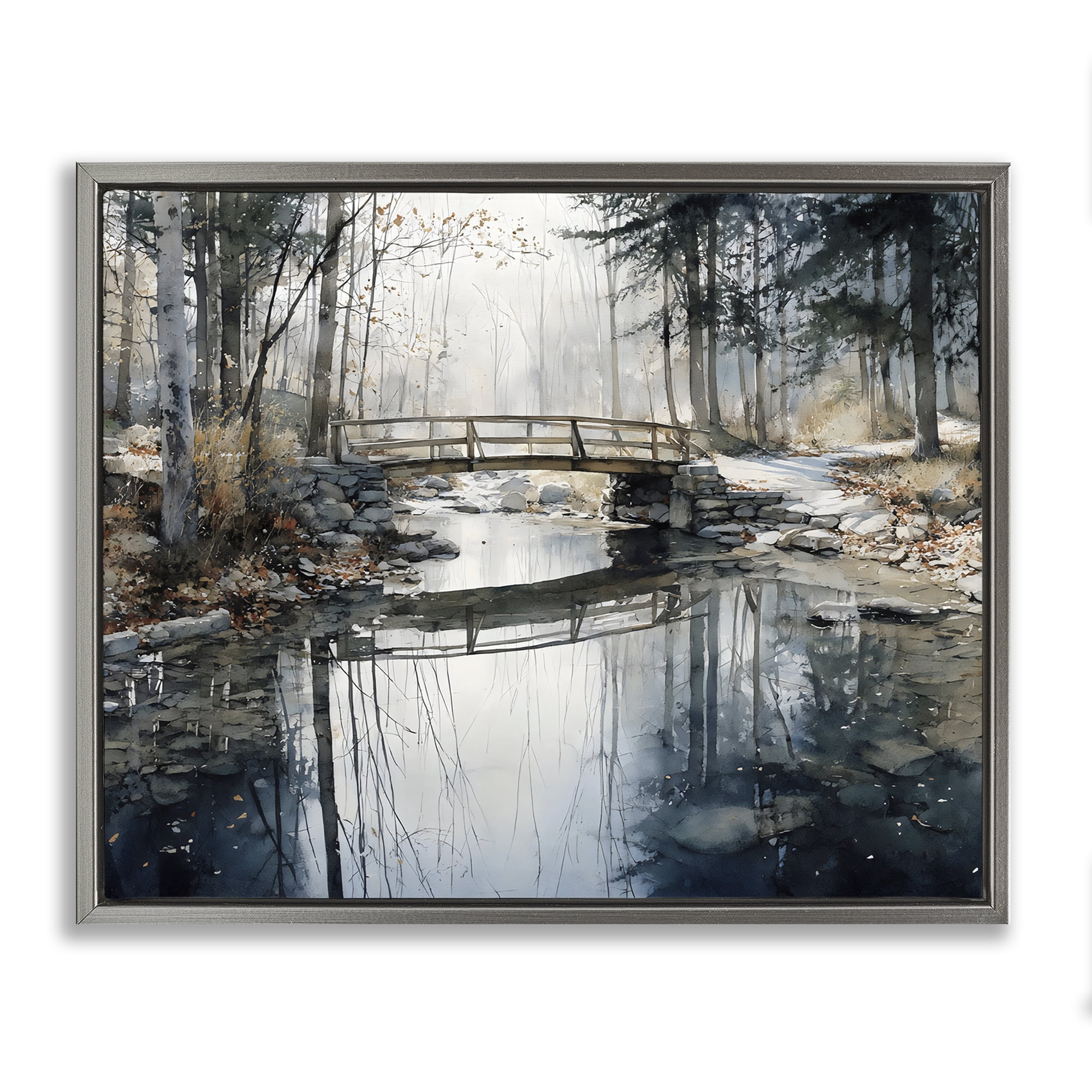 Stupell Industries Stone Bridge over Stream Gray Framed Floater Canvas Wall Art, design by Franklyn Gregory