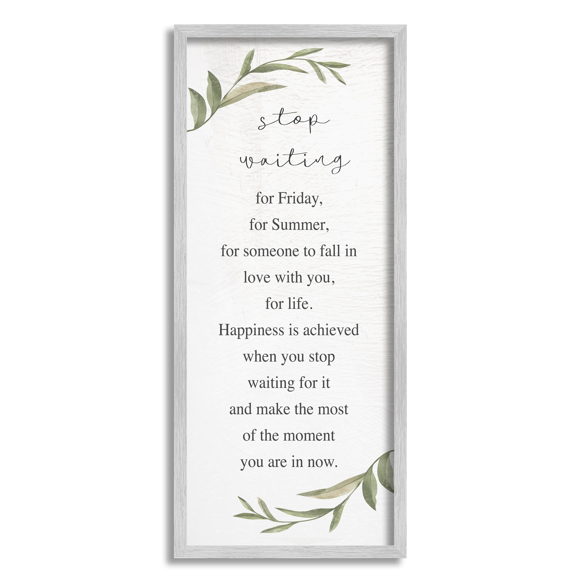 Stupell Industries Stop Waiting Inspirational Text Sign Botanical Border Framed Wall Art, 10 x 24, Design by Daphne Polselli