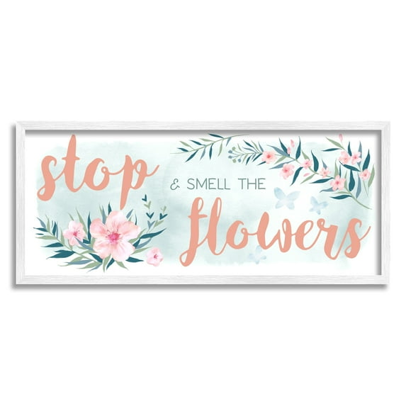 Stupell Industries Stop and Smell the Flowers Sentiment Pink Blossoms Graphic Art White Framed Art Print Wall Art, 13x30, by Ziwei Li