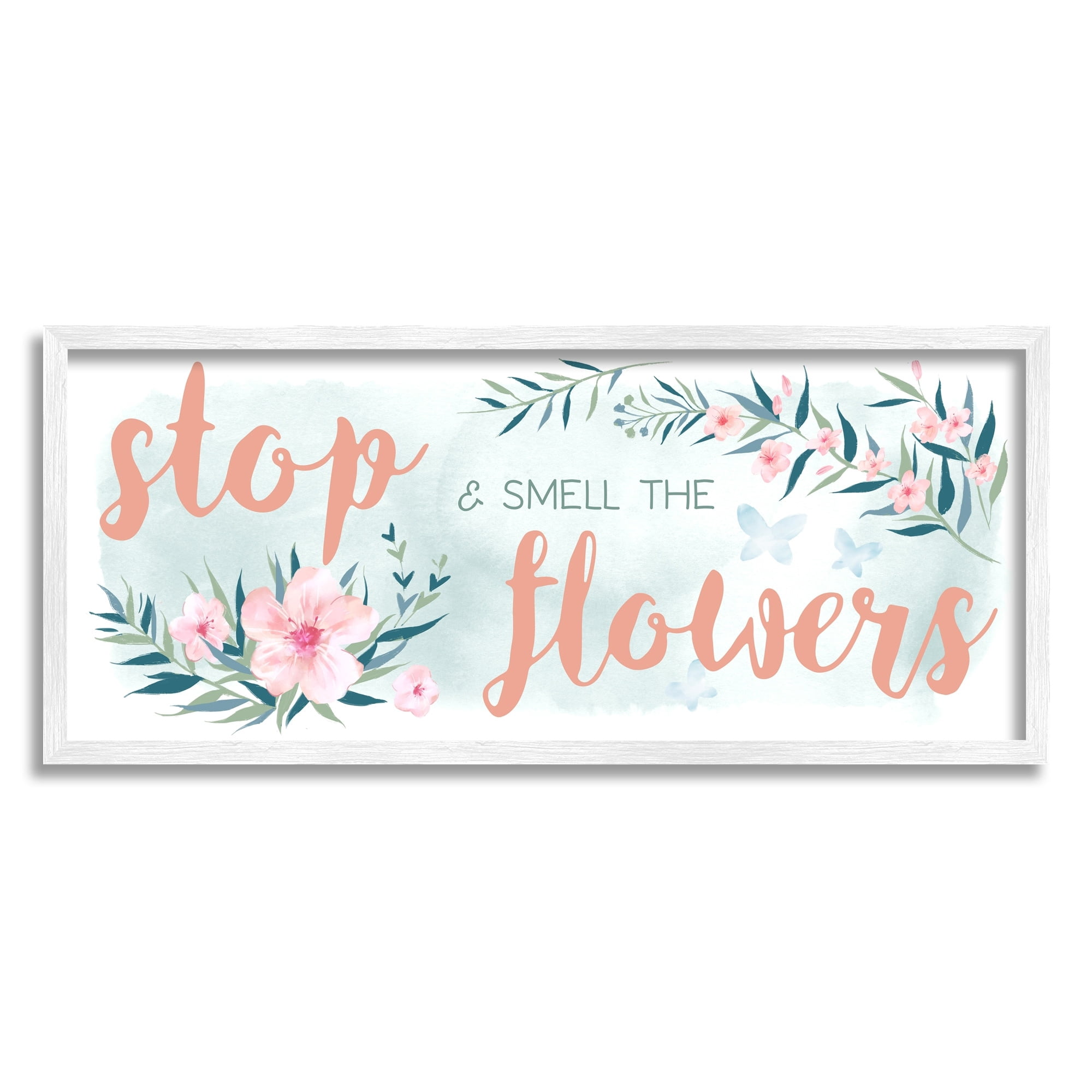 Stupell Industries Stop and Smell the Flowers Sentiment Pink Blossoms Inspirational Painting White Framed Art Print Wall Art, 10 x 24