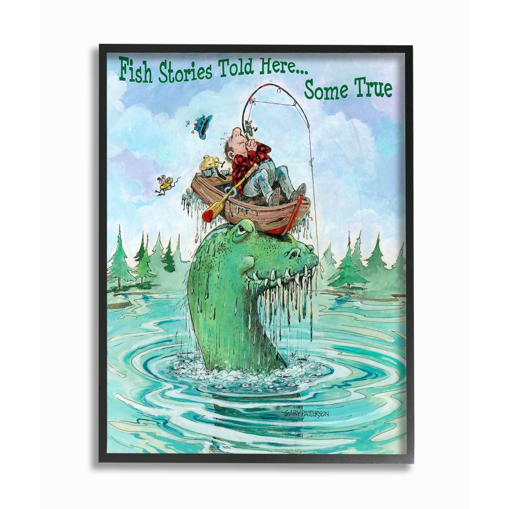 Stupell Industries Stories Told Here Funny Sports Fishing Cartoon Design Framed Wall Art by Gary Patterson
