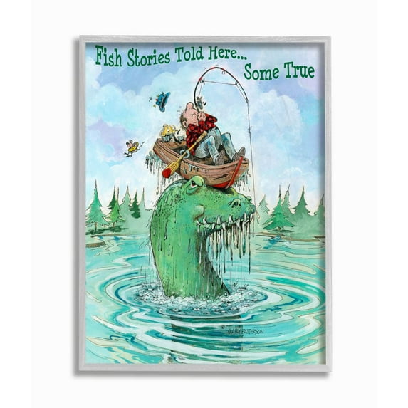 Stupell Industries Stories Told Here Funny Sports Fishing Cartoon Design Framed Wall Art by Gary Patterson