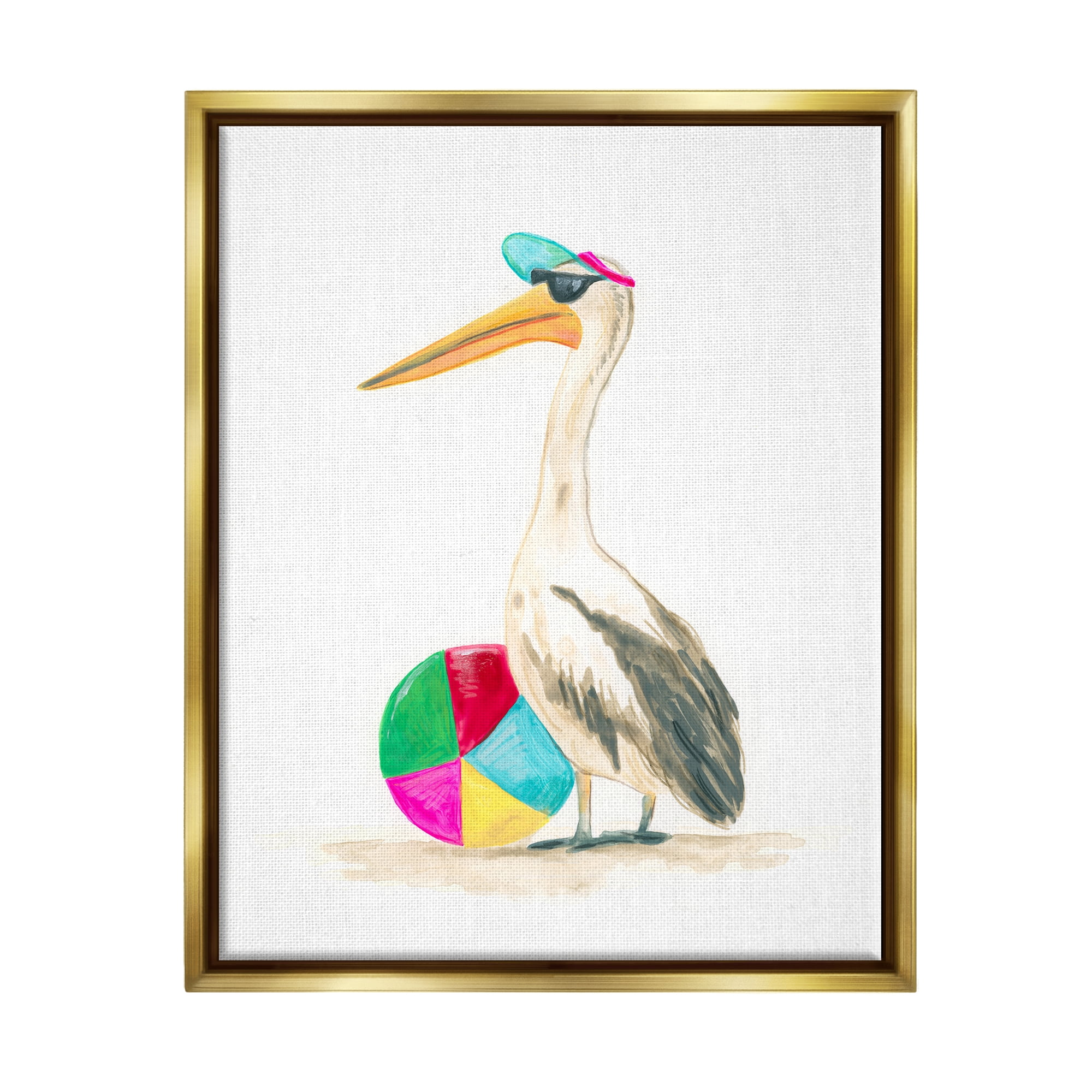 Stupell Industries Stork & Beach Ball Animals & Insects Painting Gold Floater Framed Canvas Art Print Wall Art, 17 x 21