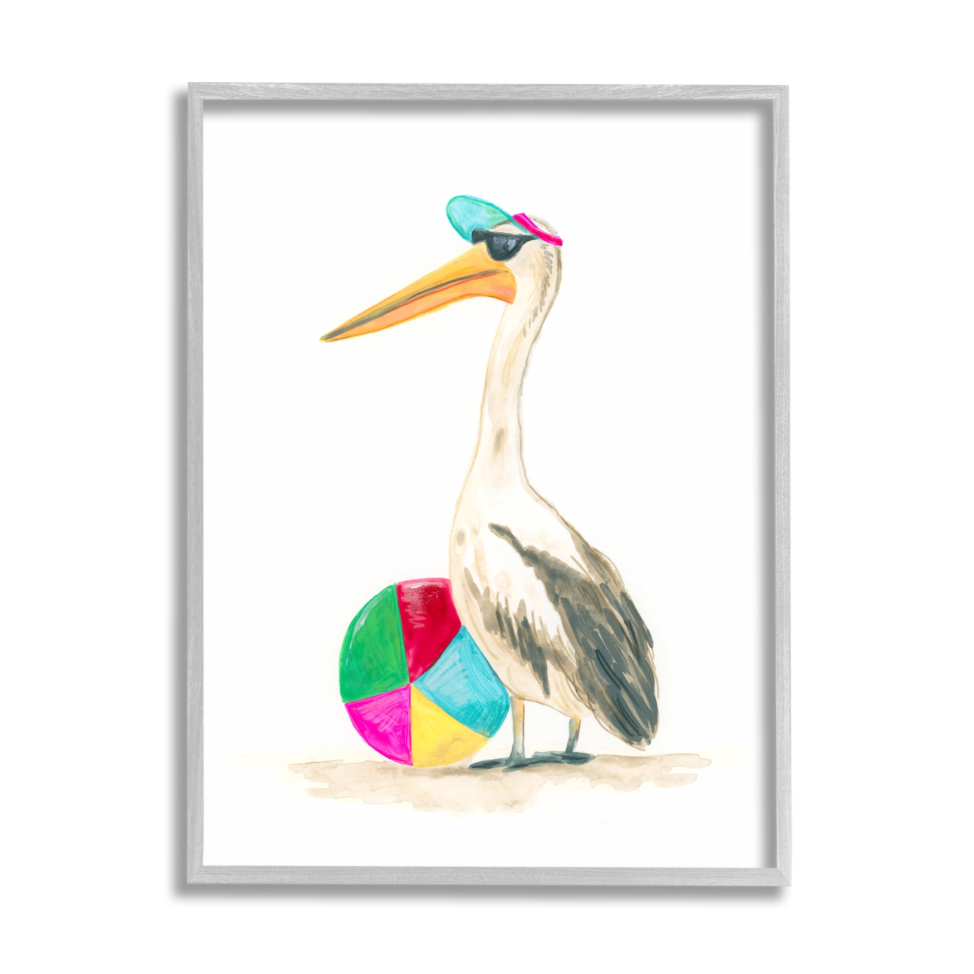 Stupell Industries Stork & Beach Ball Animals & Insects Painting Gray Framed Art Print Wall Art, 11 x 14