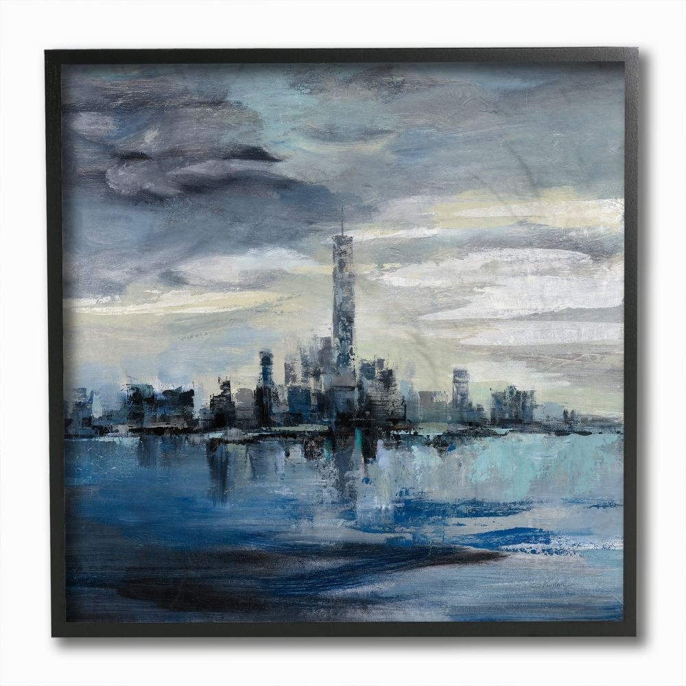 Stupell Industries Storm Cloud City Scape Building Skyline Blue Grey Painting Framed Wall Art Design by Silvia Vassileva, 12" x 12", Black Framed