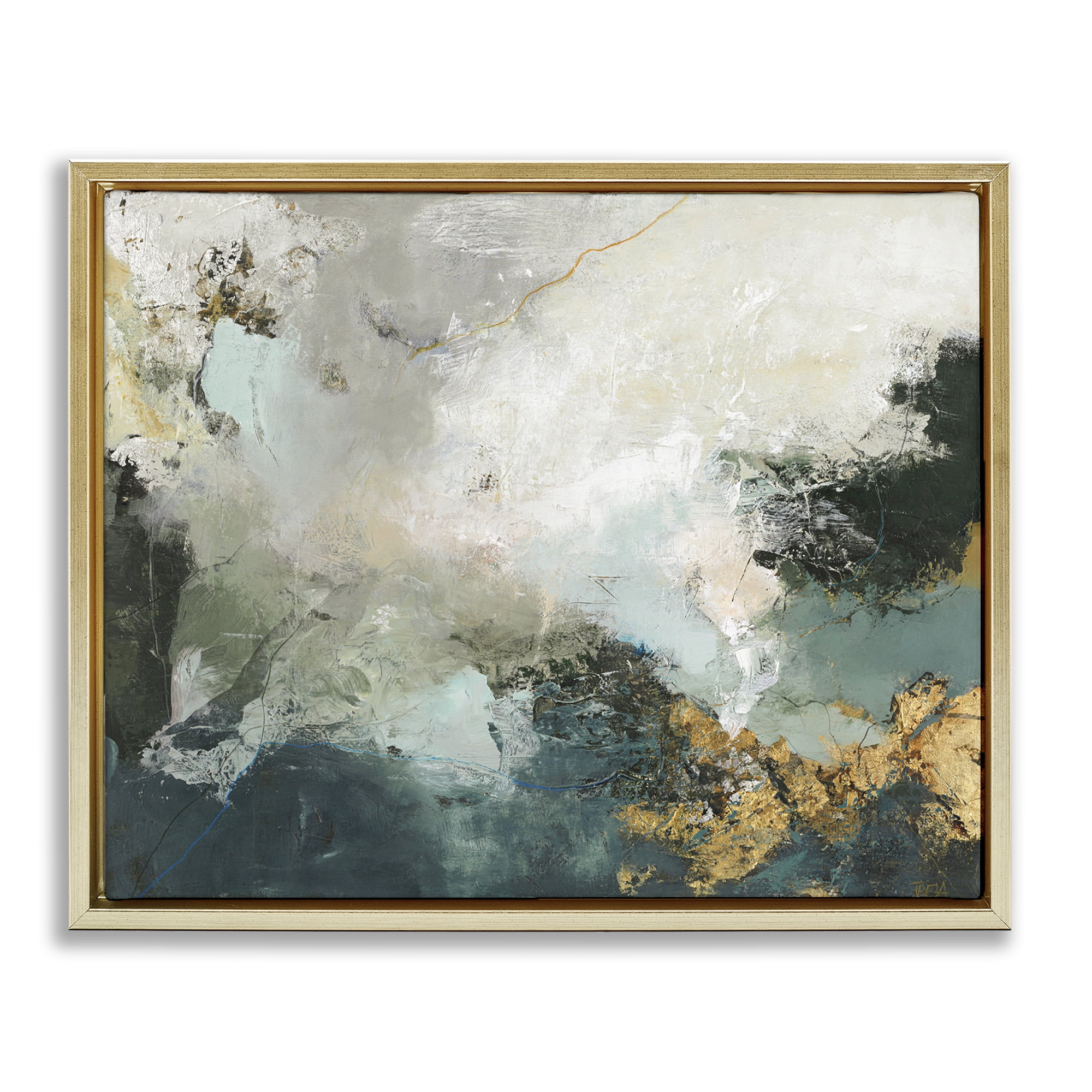 Stupell Industries Stormy Dark Abstraction Abstract Painting Gold Floater Framed Canvas Art Print Wall Art, 31 x 25