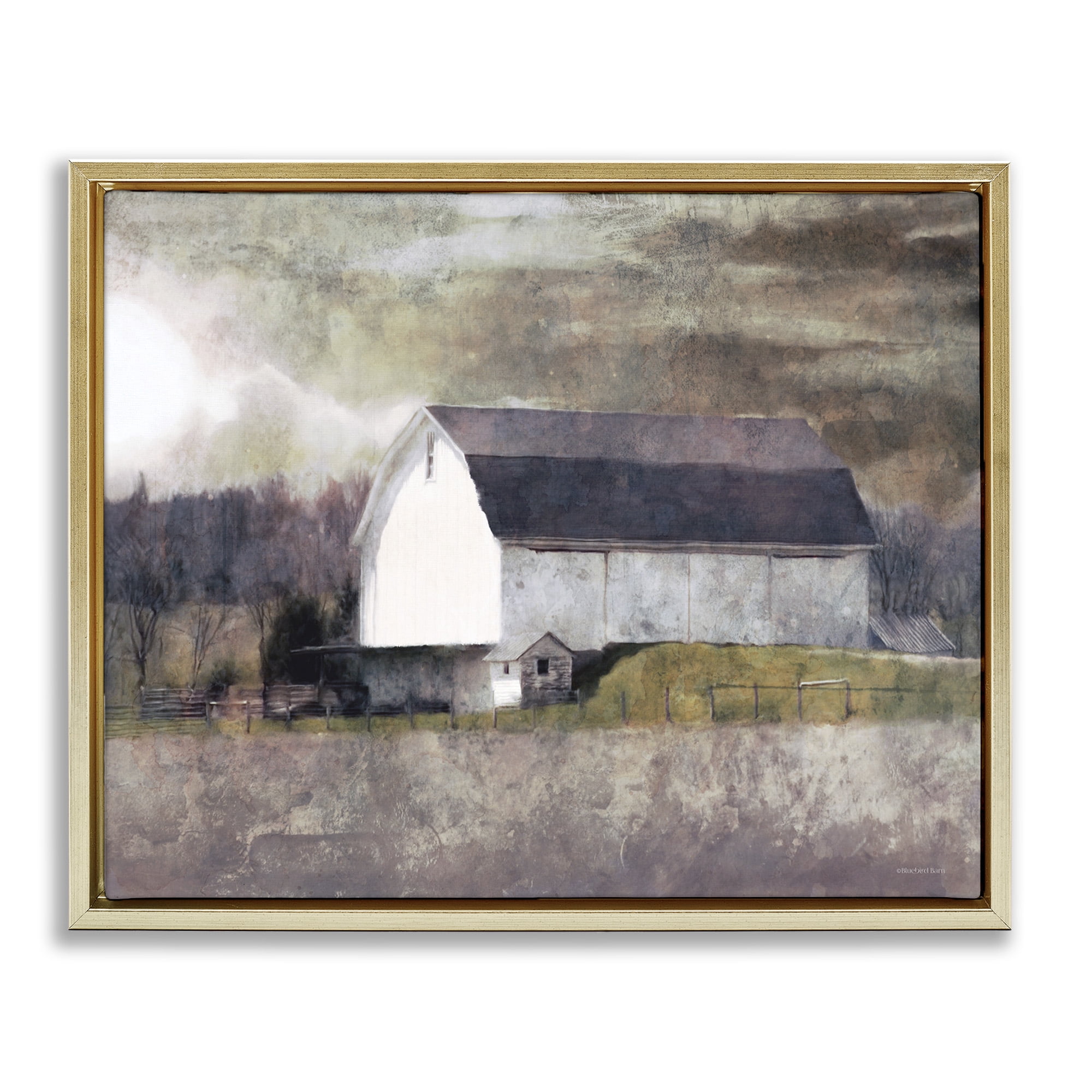 Stupell Industries Stormy Sky Country Farm Barn Landscape Painting Gold Floater Framed Canvas Art Print Wall Art, 21 x 17