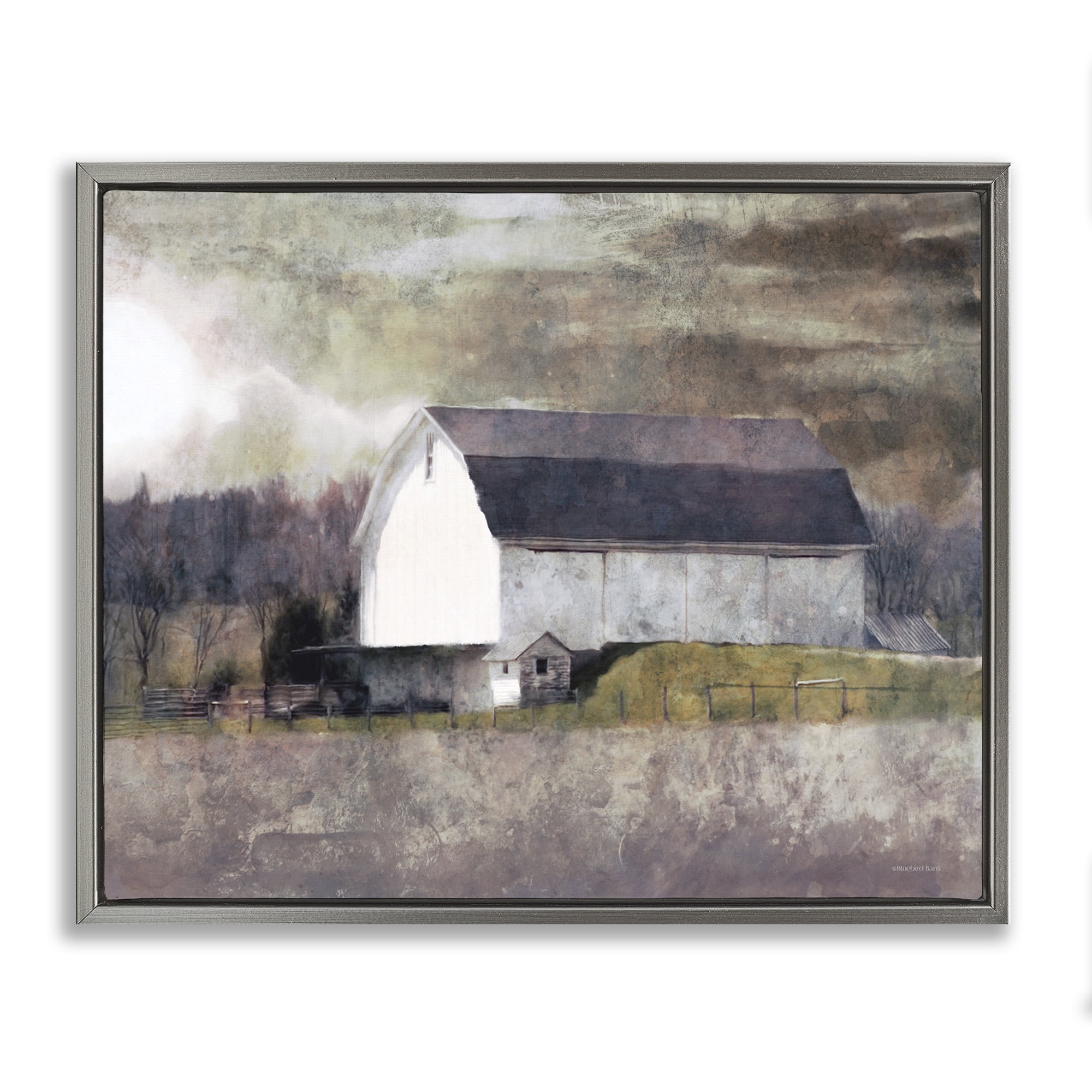 Stupell Industries Stormy Sky Country Farm Barn Landscape Painting Gray Floater Framed Canvas Art Print Wall Art, 21 x 17