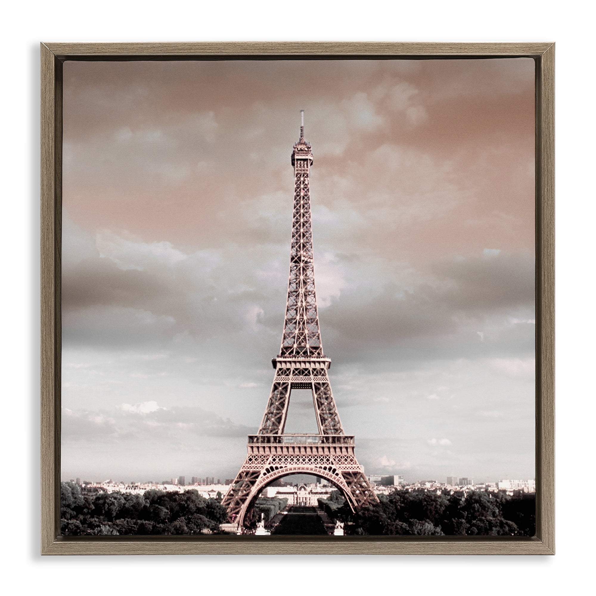 Stupell Industries Stormy View Eiffel Tower Cities & Countries Painting Brown Floater Framed Canvas Art Print Wall Art, 18 x 18