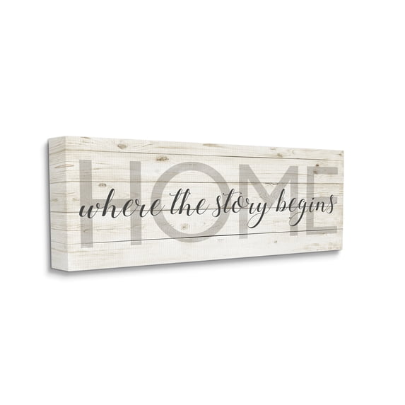 Stupell Industries Story Begins Family Home Inspirational Word Textured Wood Design, 20 x 48,Design by Anna Quach