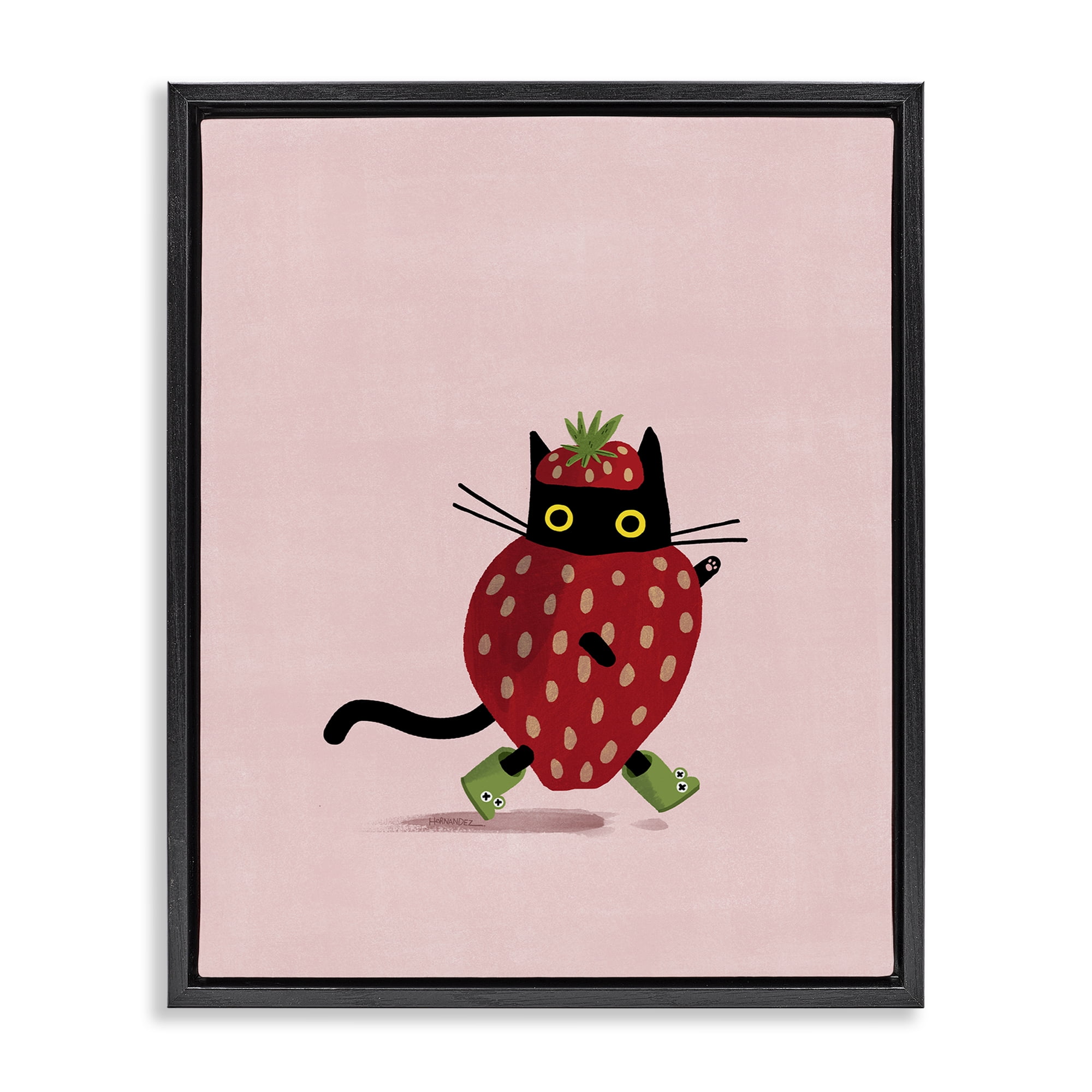 Stupell Industries Strawberry Cat on Pink Animals Painting Black Floater Framed Canvas Art Print Wall Art, 17 x 21