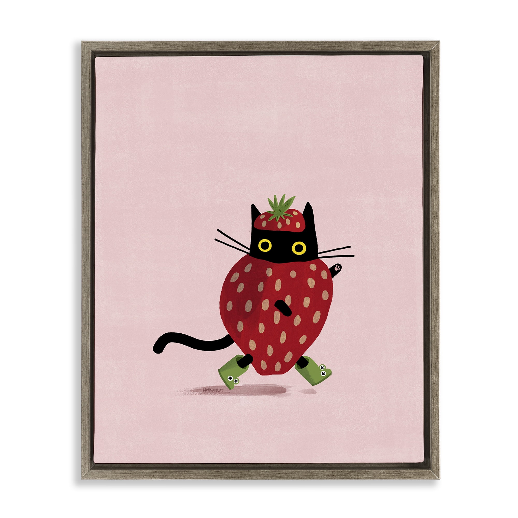 Stupell Industries Strawberry Cat on Pink Animals Painting Brown Floater Framed Canvas Art Print Wall Art, 17 x 21