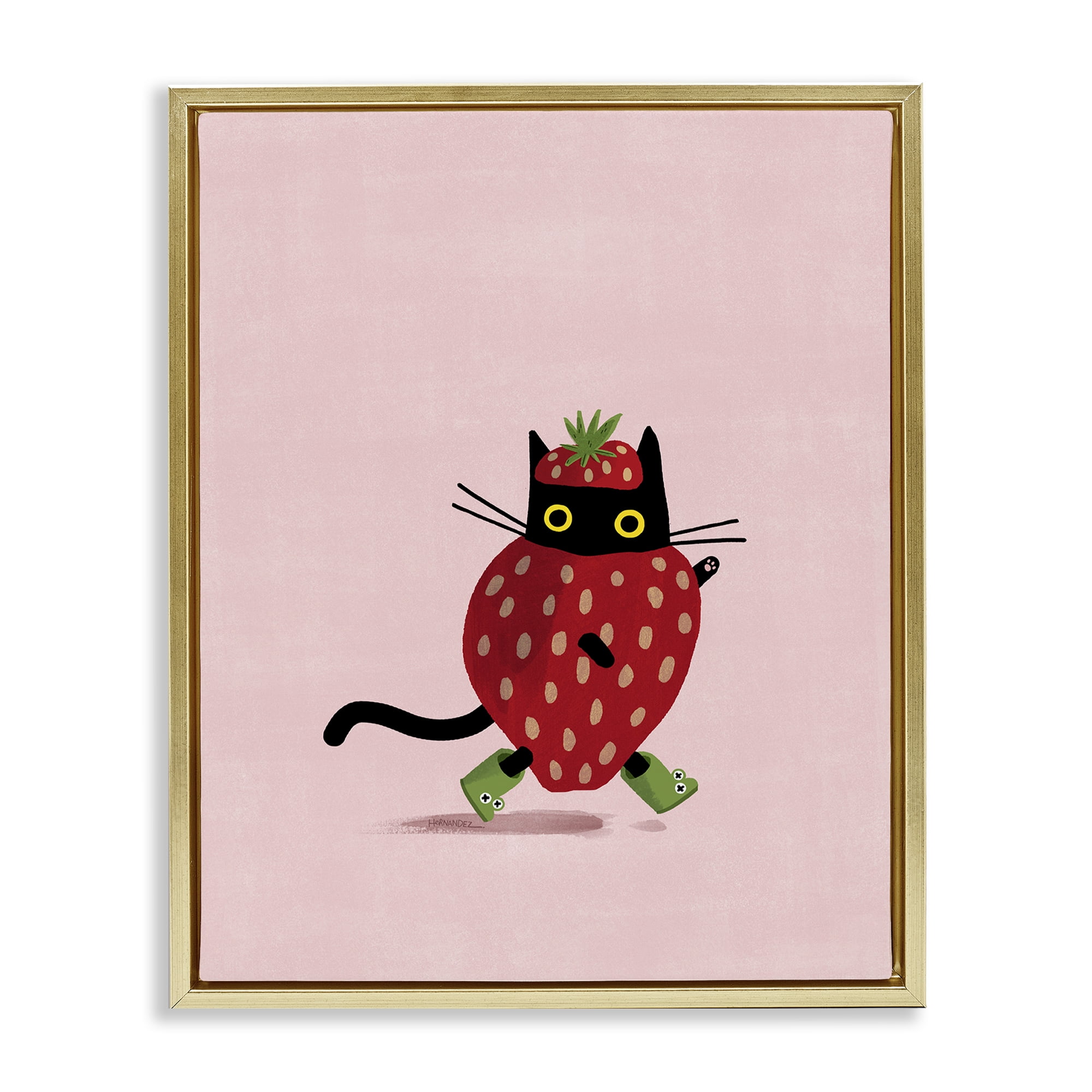 Stupell Industries Strawberry Cat on Pink Animals Painting Gold Floater Framed Canvas Art Print Wall Art, 25 x 31