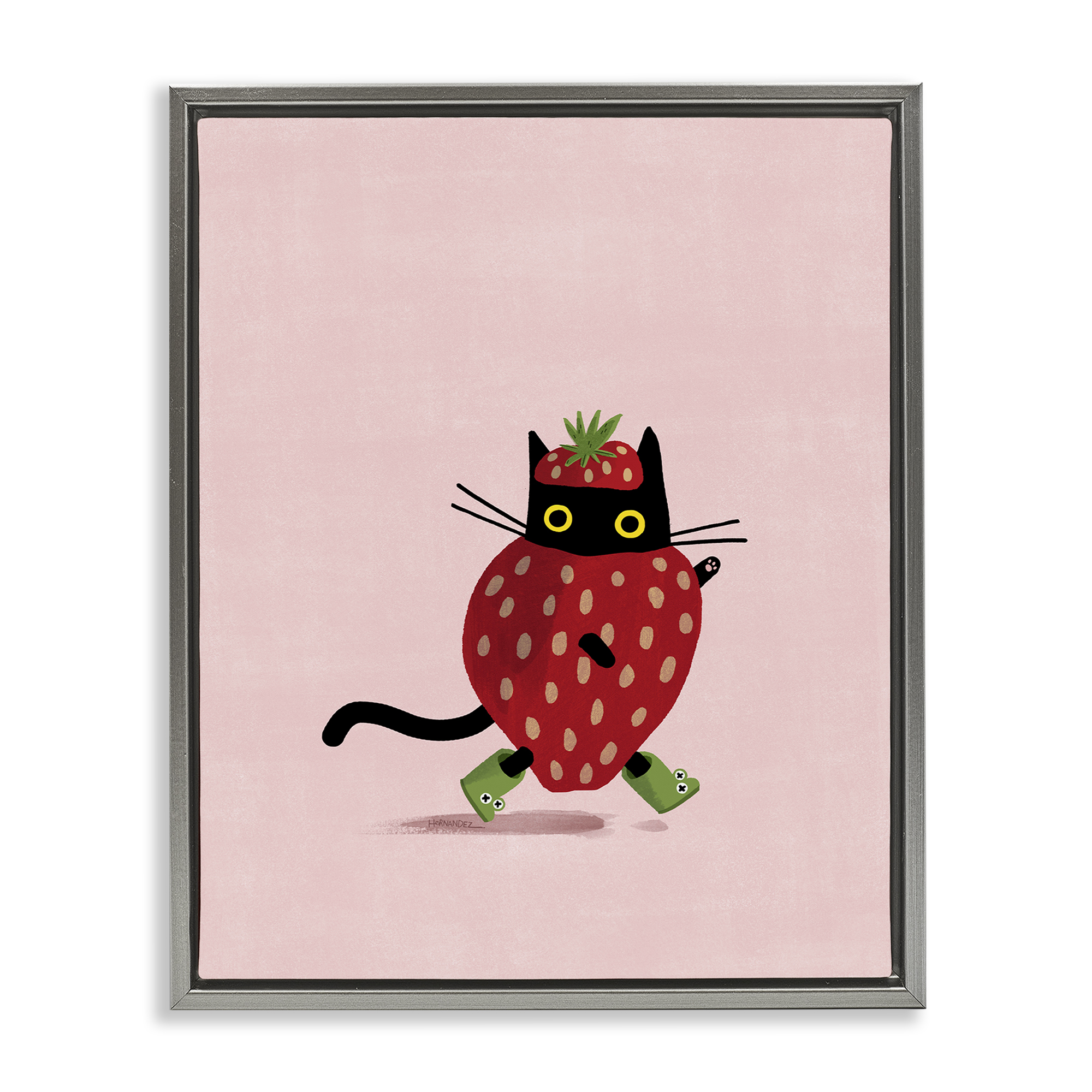 Stupell Industries Strawberry Cat on Pink Animals Painting Gray Floater Framed Canvas Art Print Wall Art, 25 x 31