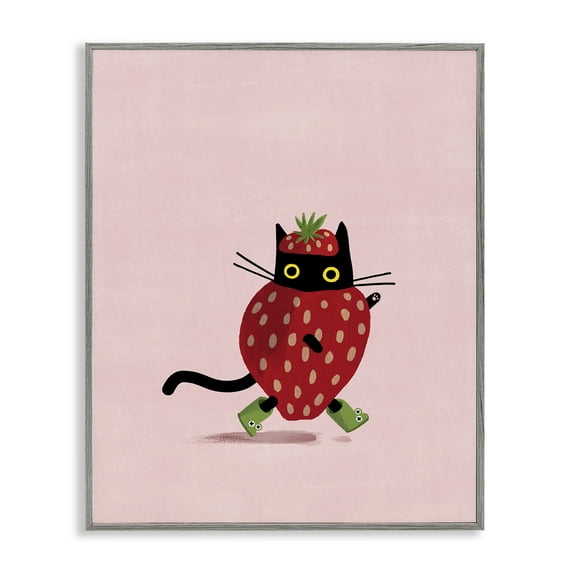 Stupell Industries Strawberry Cat on Pink Animals Painting Gray Framed Art Print Wall Art, 16 x 20