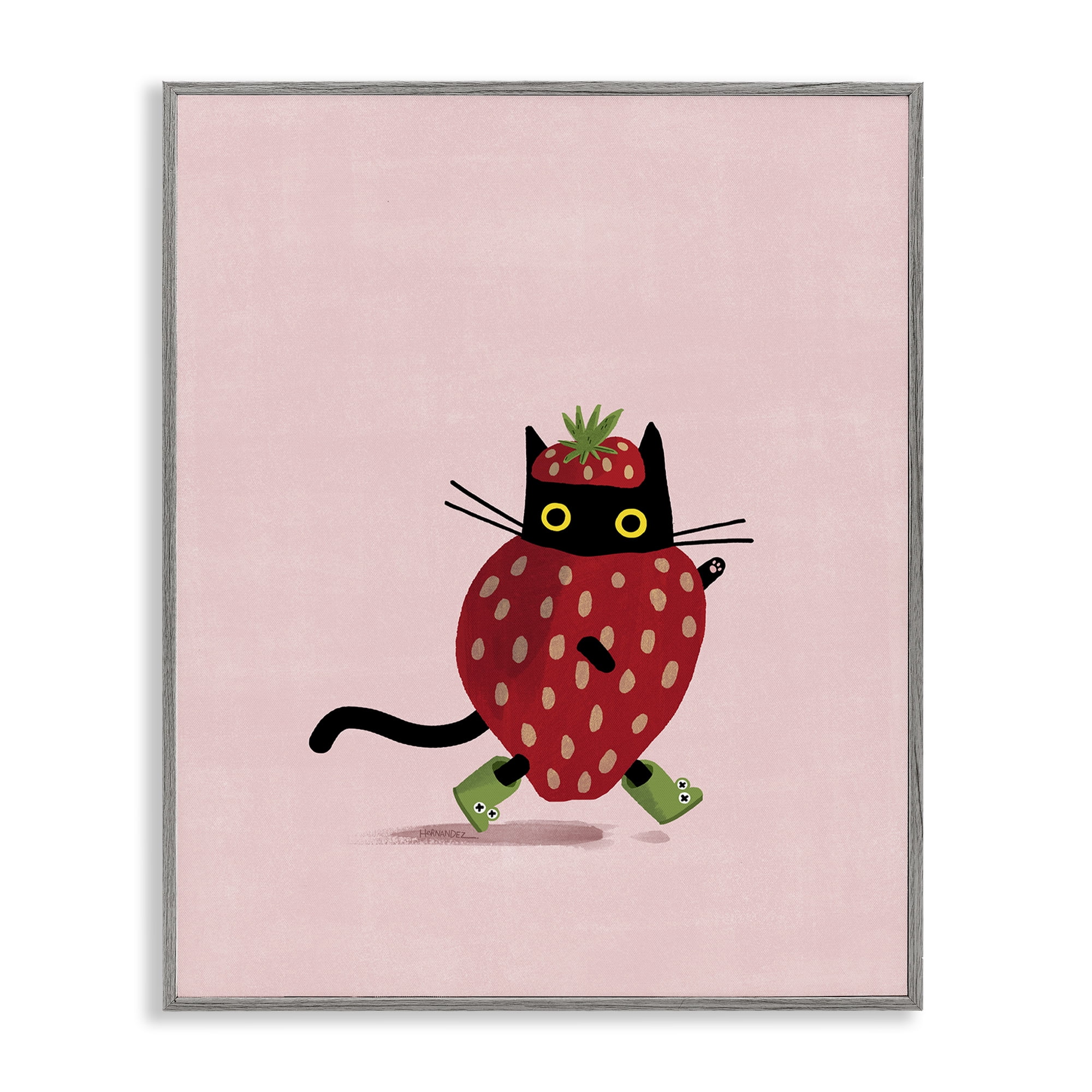 Stupell Industries Strawberry Cat on Pink Animals Painting Gray Framed Art Print Wall Art, 24 x 30
