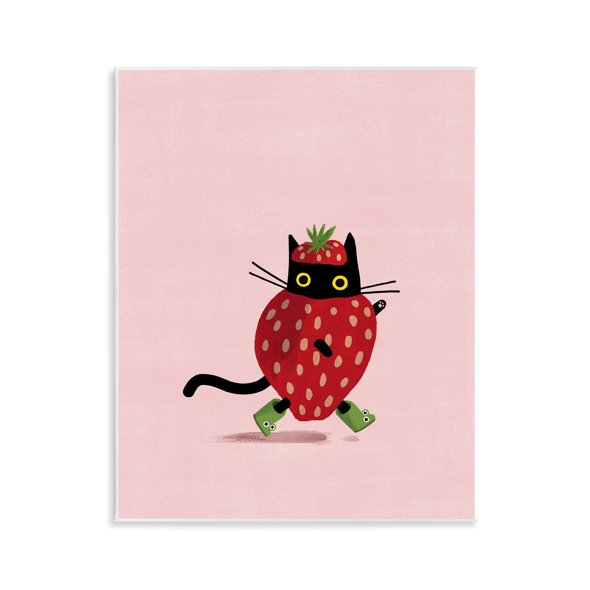 Stupell Industries Strawberry Cat on Pink Animals Painting Unframed Art Print Wall Art, 11 x 14