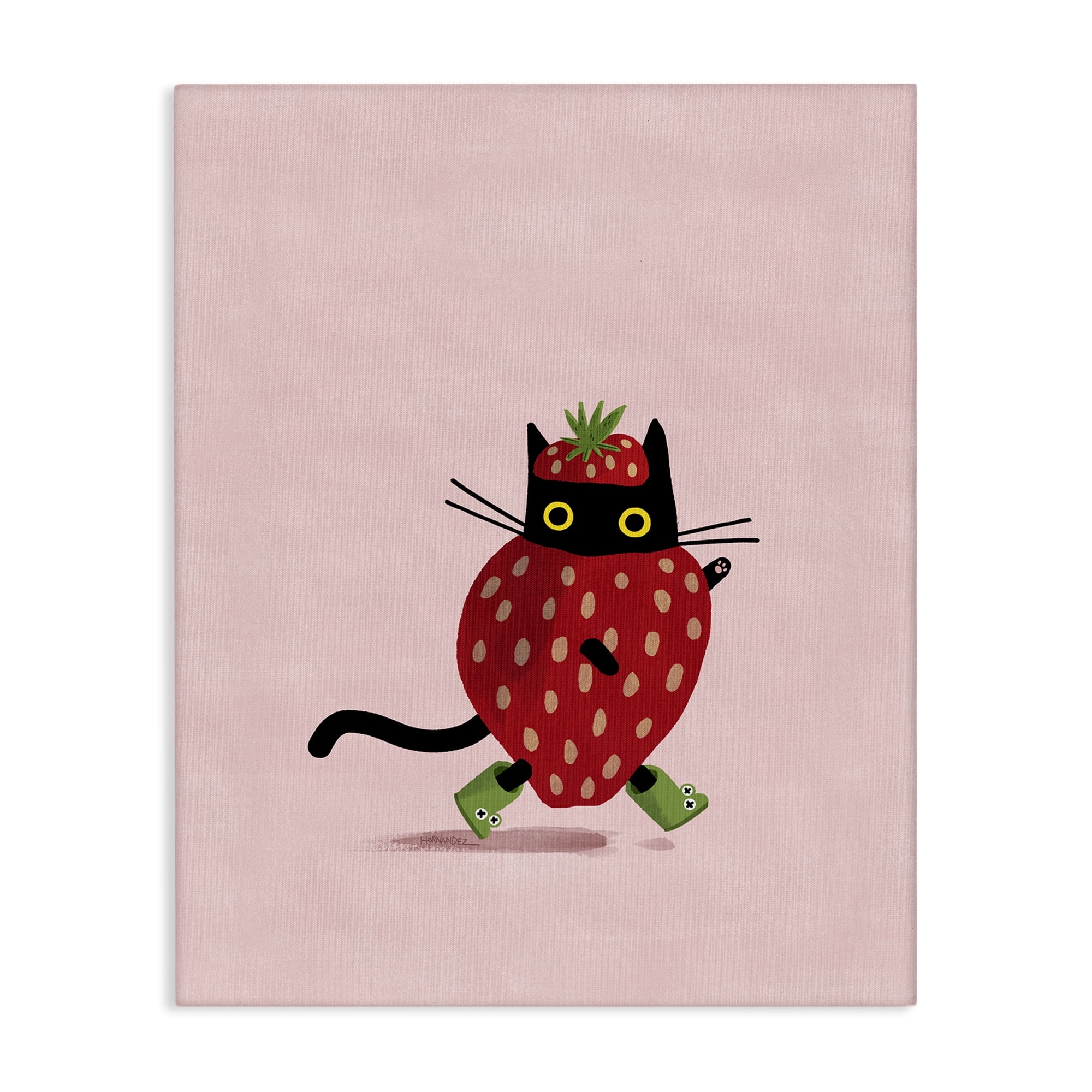 Stupell Industries Strawberry Cat on Pink Animals Painting Wrapped Canvas Art Print Wall Art, 36 x 48