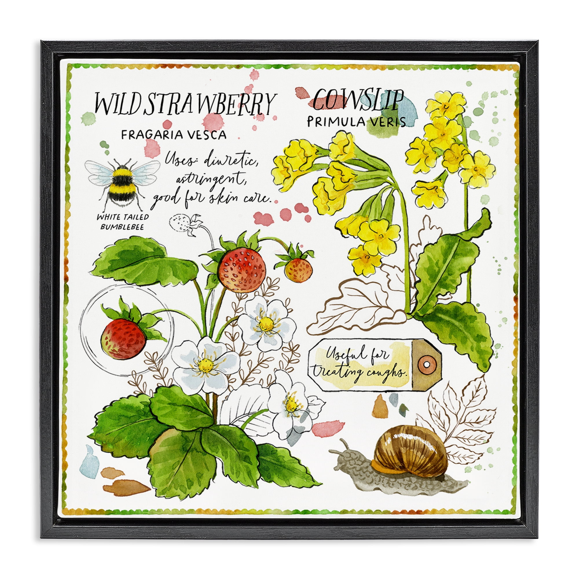 Stupell Industries Strawberry & Florals Uses Plants & Flowers Painting Black Floater Framed Canvas Art Print Wall Art, 18 x 18
