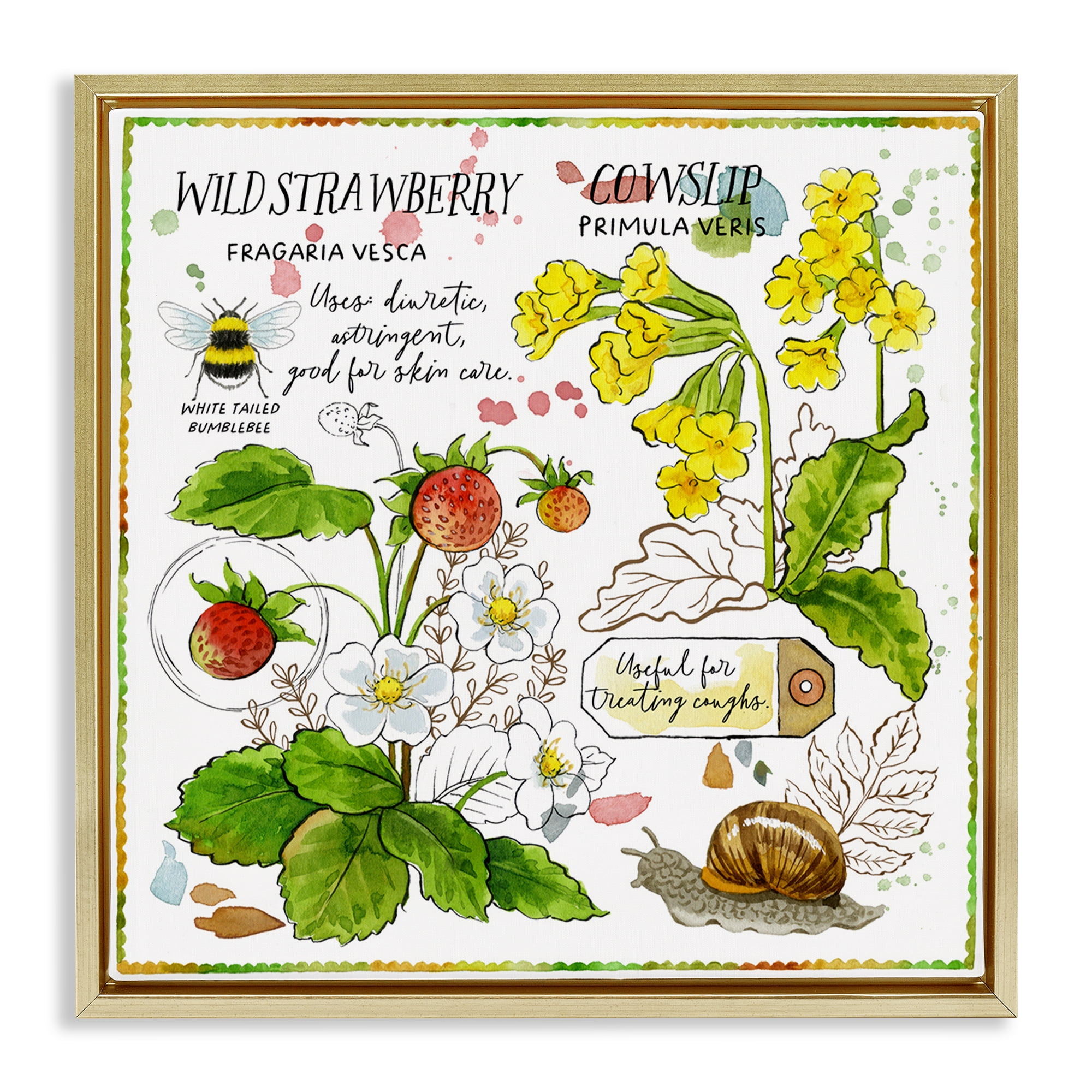 Stupell Industries Strawberry & Florals Uses Plants & Flowers Painting Gold Floater Framed Canvas Art Print Wall Art, 18 x 18
