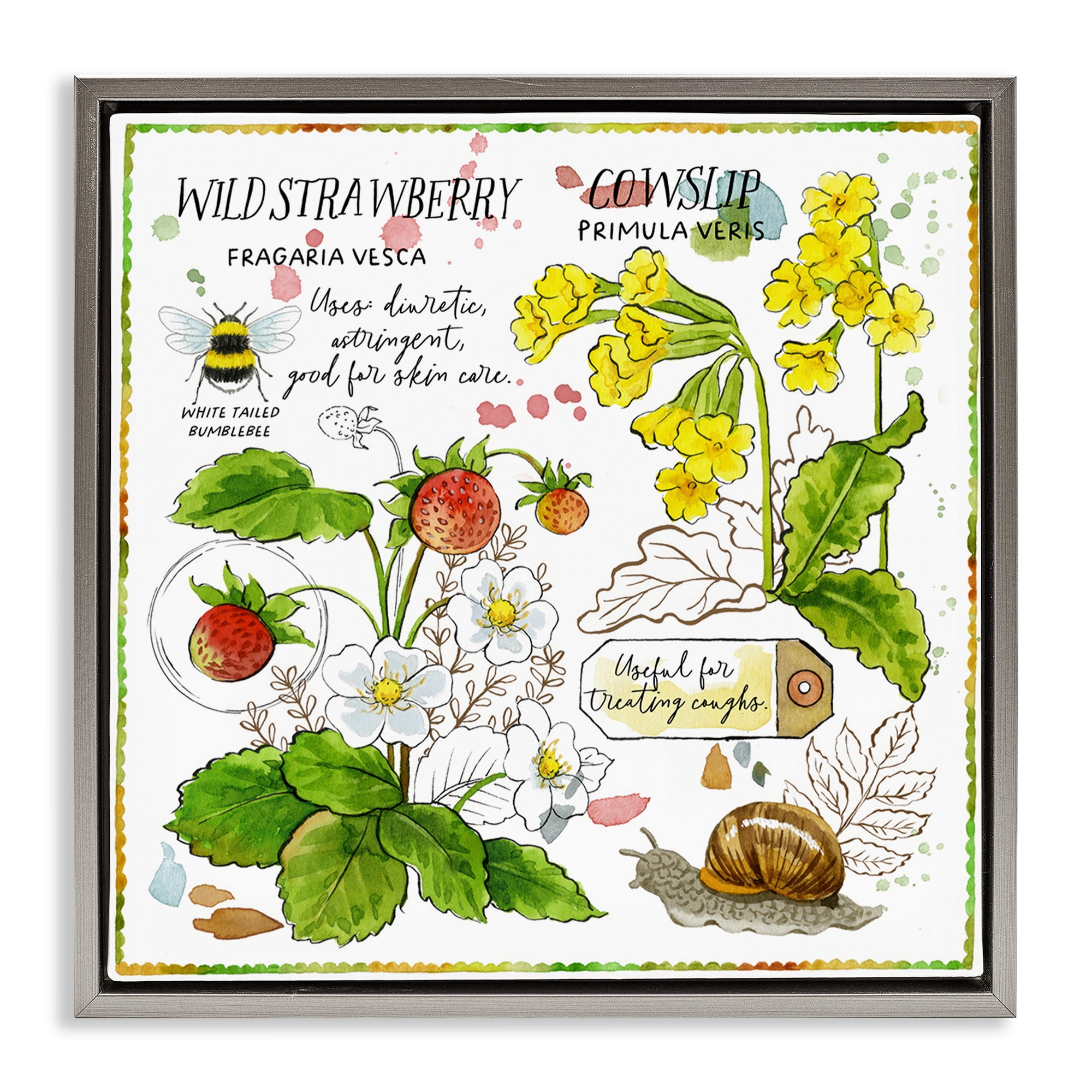 Stupell Industries Strawberry & Florals Uses Plants & Flowers Painting Gray Floater Framed Canvas Art Print Wall Art, 18 x 18