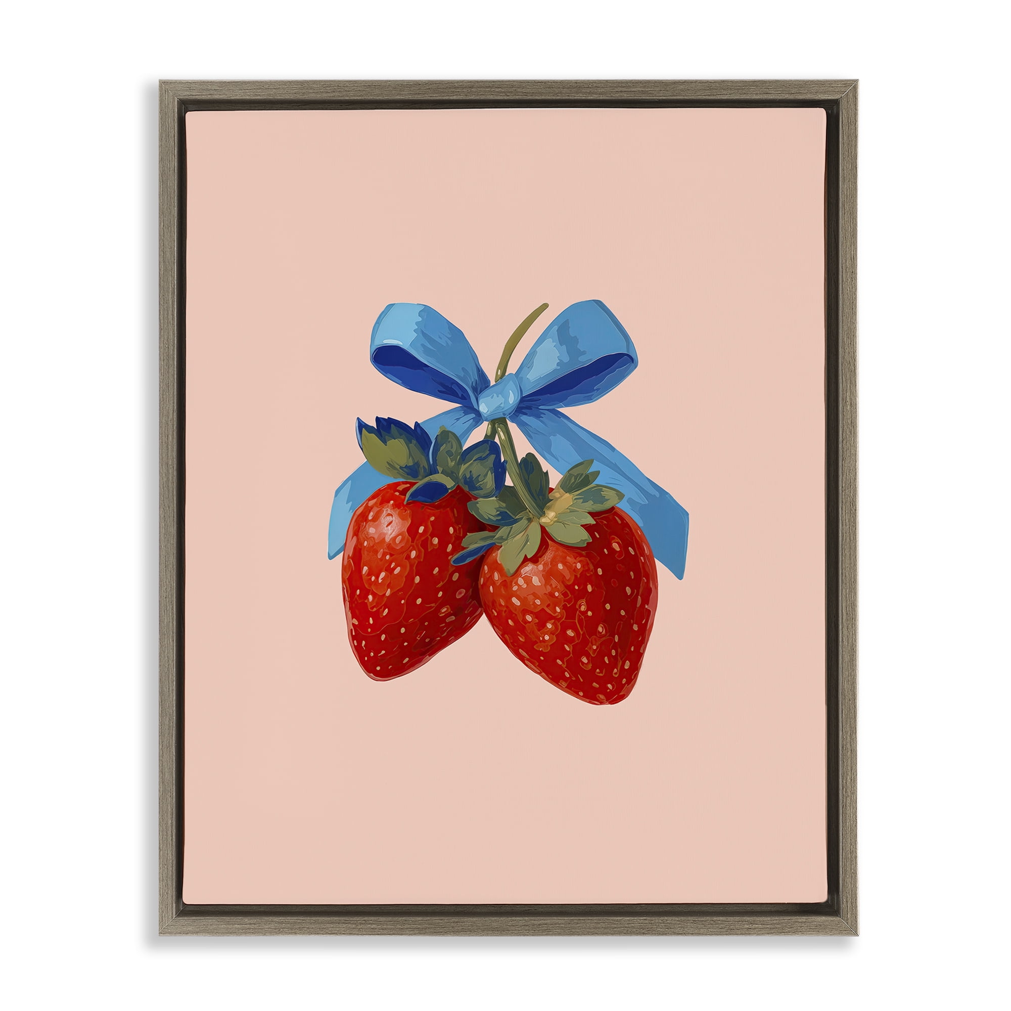 Stupell Industries Strawberry Pair with Blue Bow Brown Framed Floater Canvas Wall Art, design by Imagine It Images