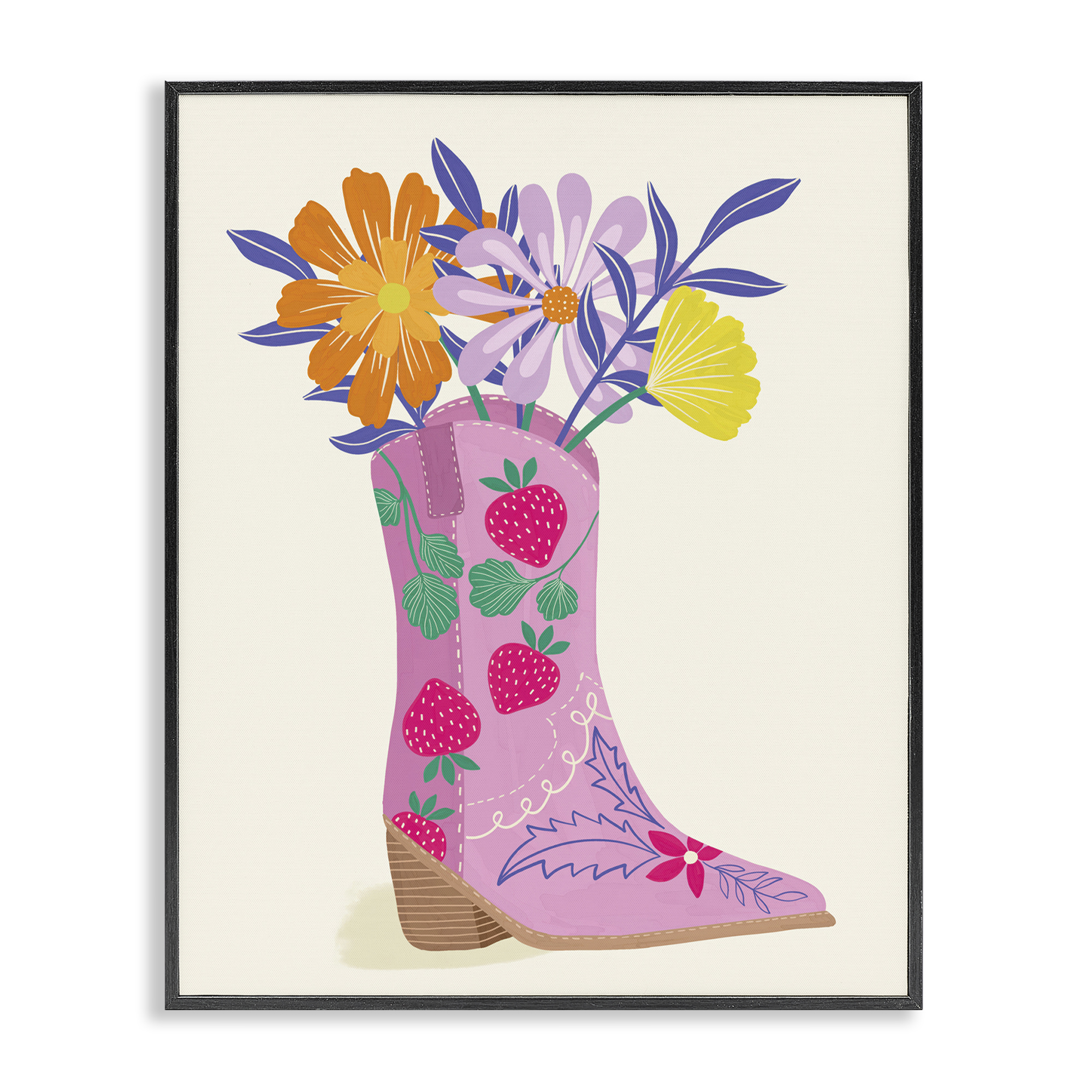 Stupell Industries Strawberry Patterned Floral Boots Plants & Flowers Painting Black Framed Art Print Wall Art, 16 x 20