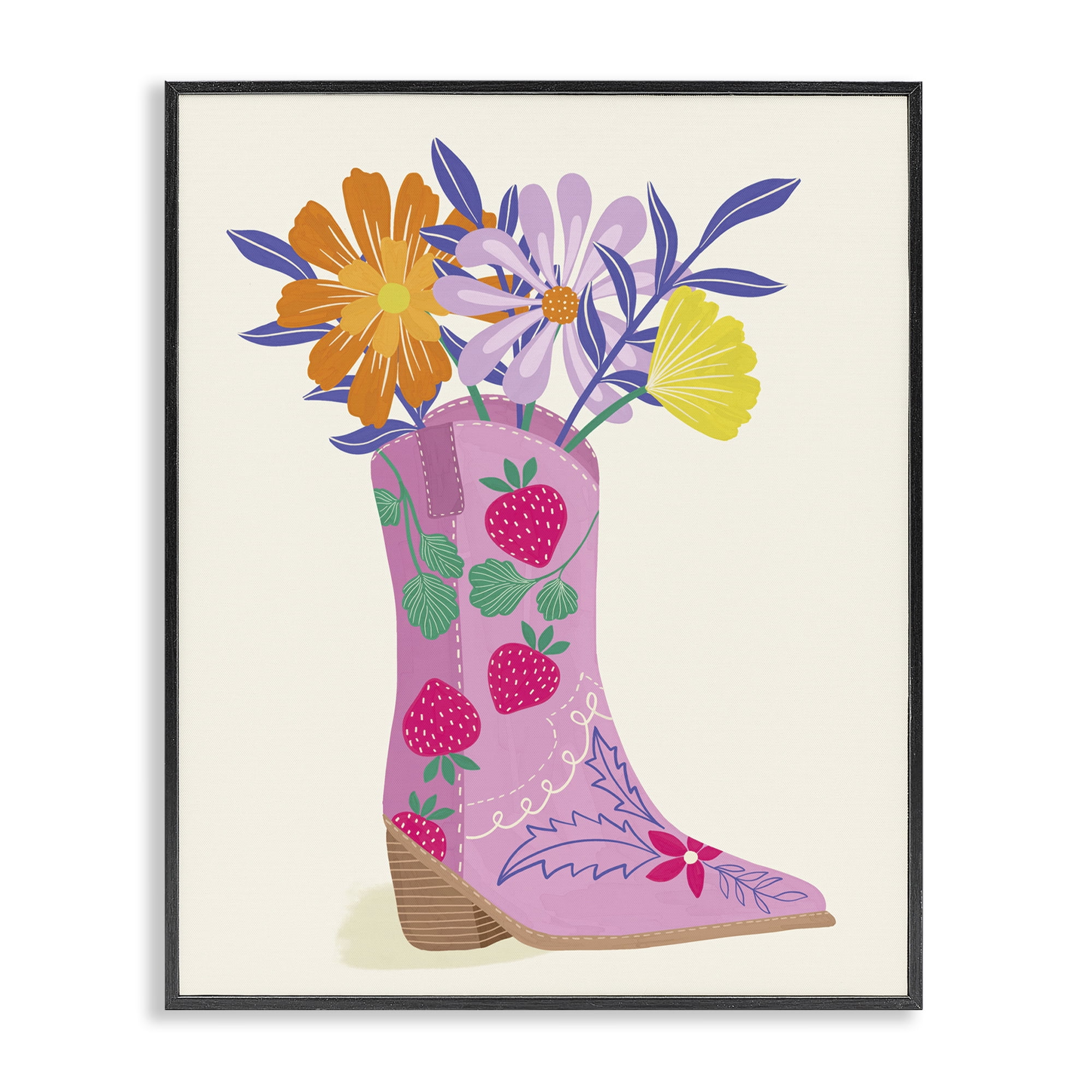 Stupell Industries Strawberry Patterned Floral Boots Plants & Flowers Painting Black Framed Art Print Wall Art, 24 x 30