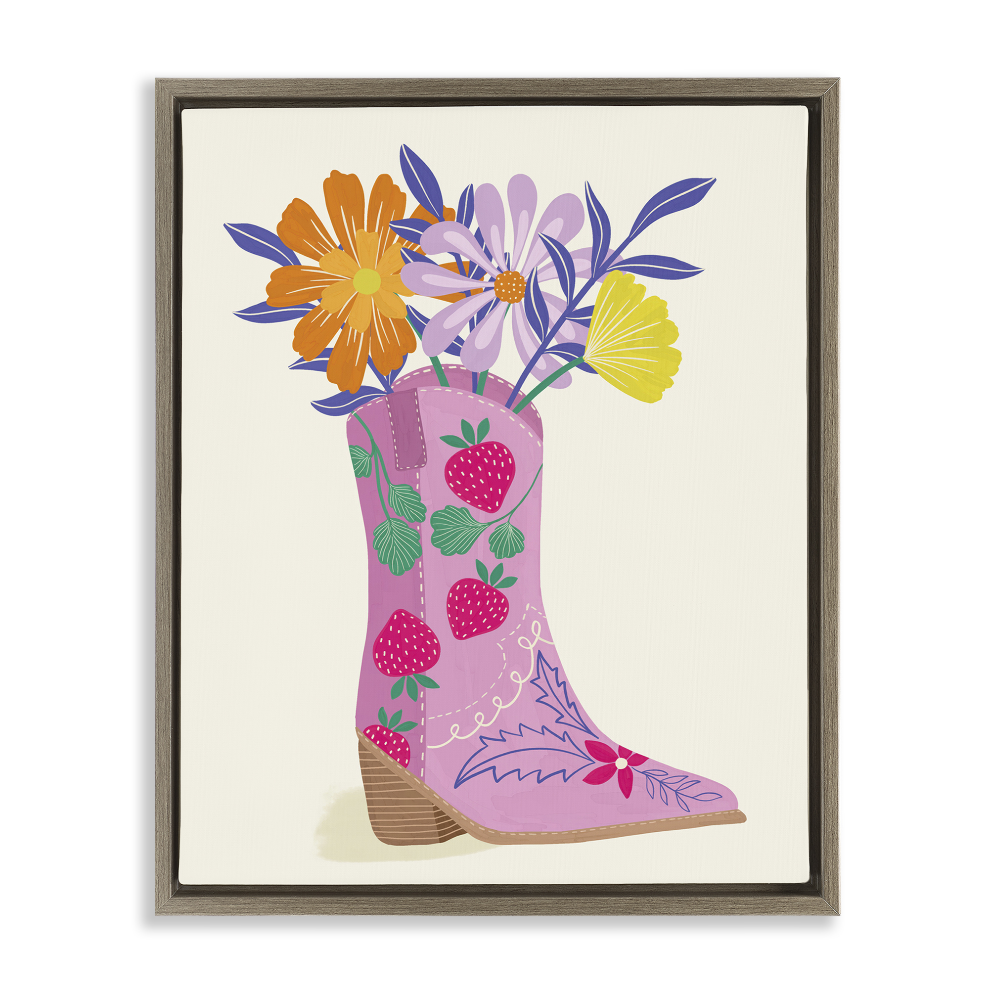 Stupell Industries Strawberry Patterned Floral Boots Plants & Flowers Painting Brown Floater Framed Canvas Art Print Wall Art, 17 x 21