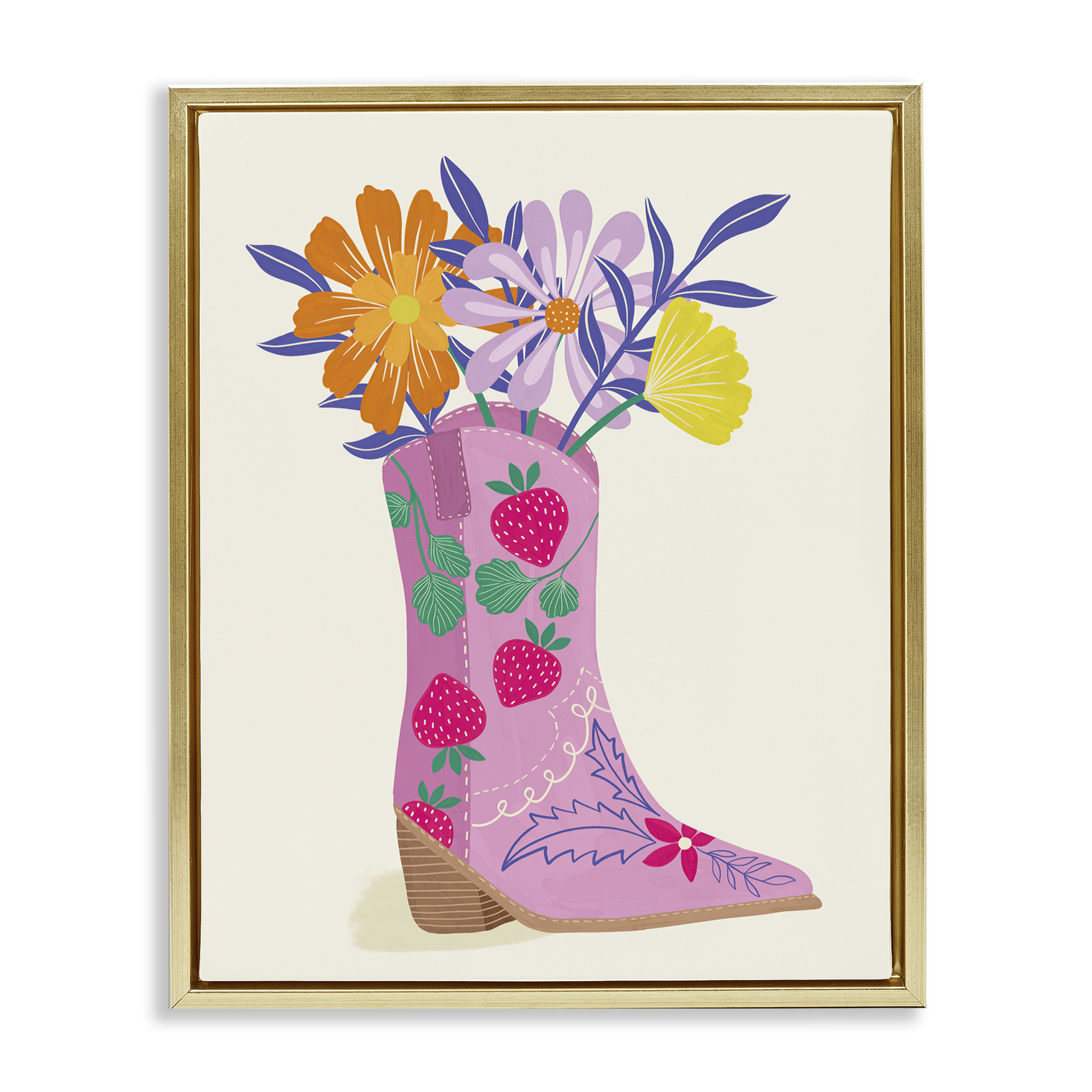 Stupell Industries Strawberry Patterned Floral Boots Plants & Flowers Painting Gold Floater Framed Canvas Art Print Wall Art, 17 x 21
