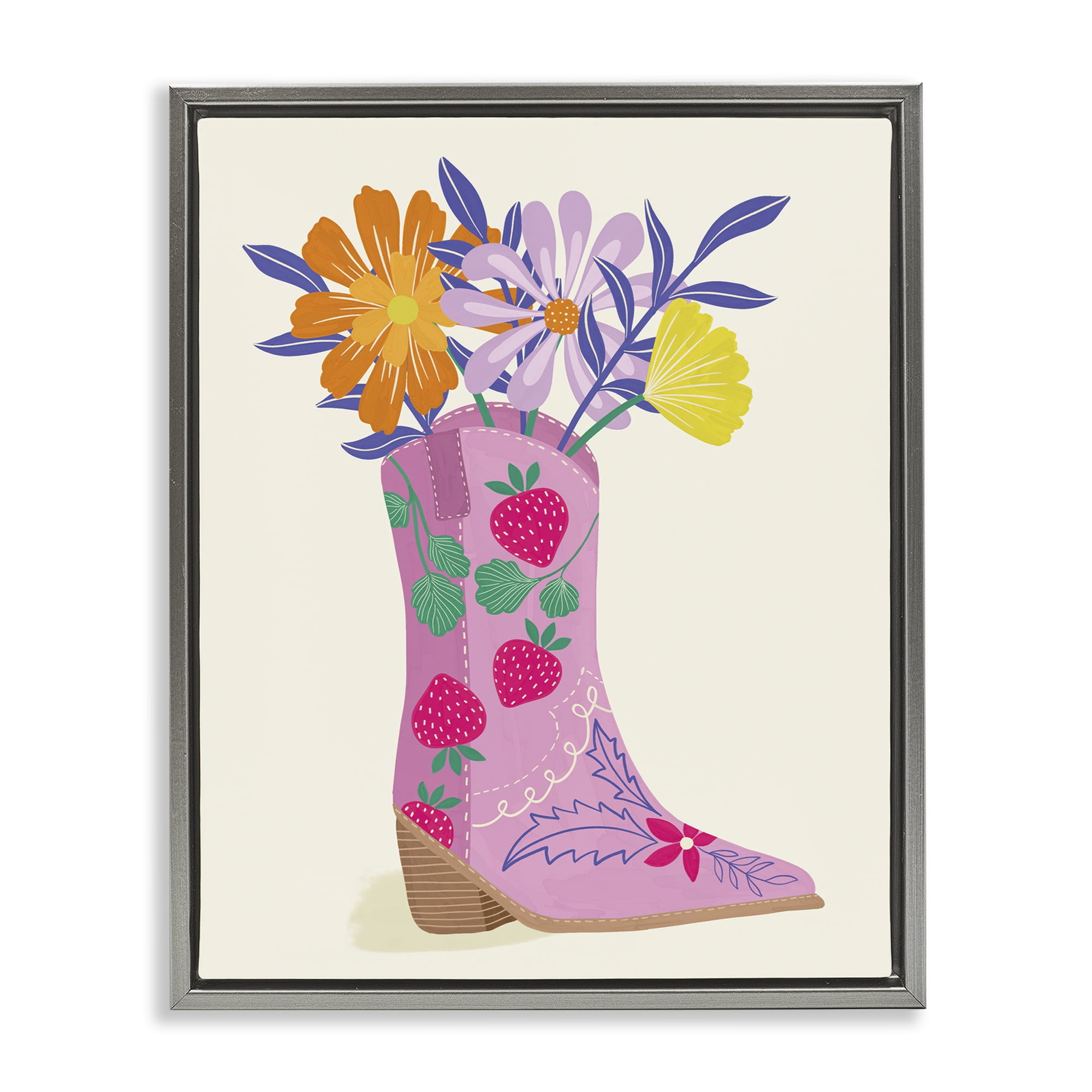 Stupell Industries Strawberry Patterned Floral Boots Plants & Flowers Painting Gray Floater Framed Canvas Art Print Wall Art, 17 x 21