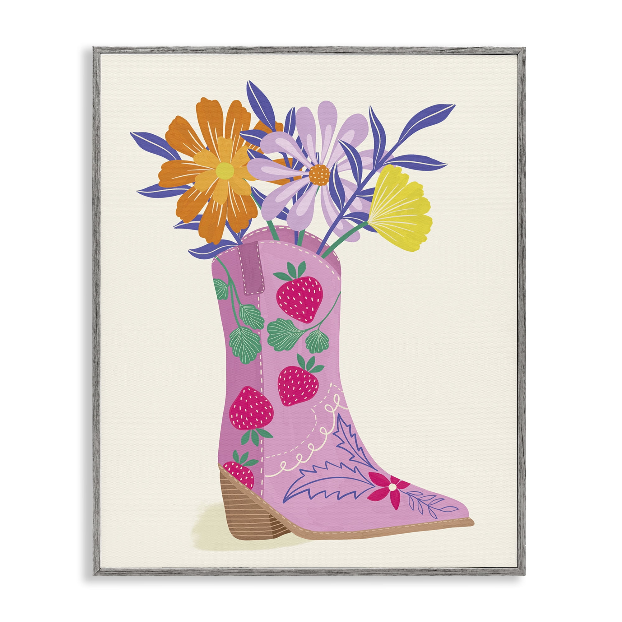 Stupell Industries Strawberry Patterned Floral Boots Plants & Flowers Painting Gray Framed Art Print Wall Art, 24 x 30