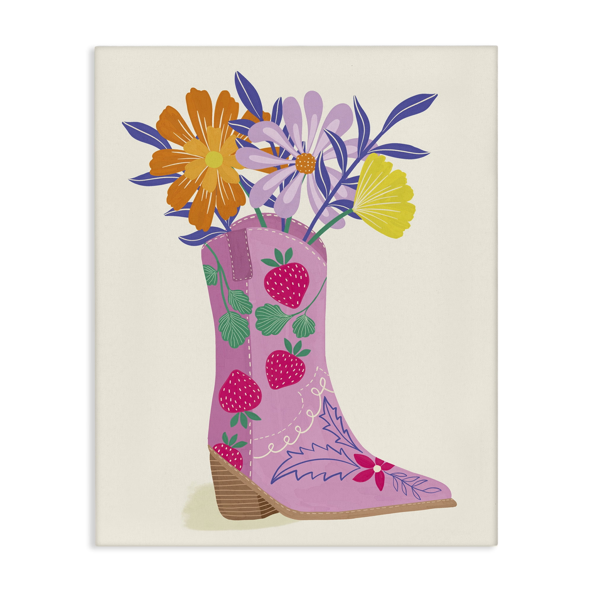 Stupell Industries Strawberry Patterned Floral Boots Plants & Flowers Painting Wrapped Canvas Art Print Wall Art, 36 x 48