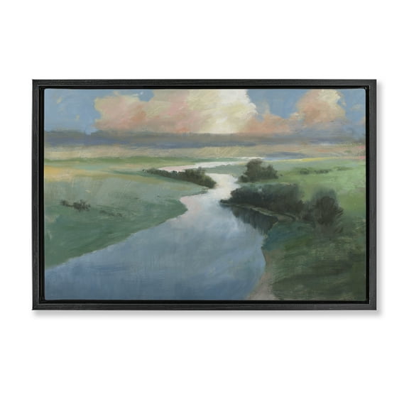Stupell Industries Stream Landscape in January Landscape & Nature Painting Black Floater Framed Canvas Art Print Wall Art, 25 x 17