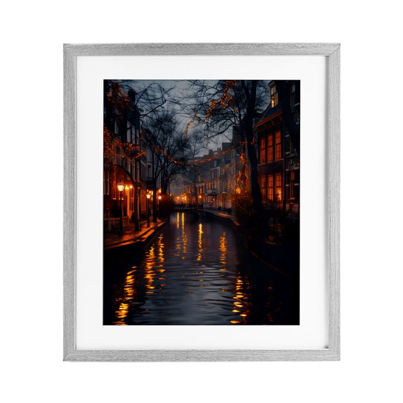 Street Lamp Canal View Gray Framed Print Under Glass, 17 x 21, Made In USA