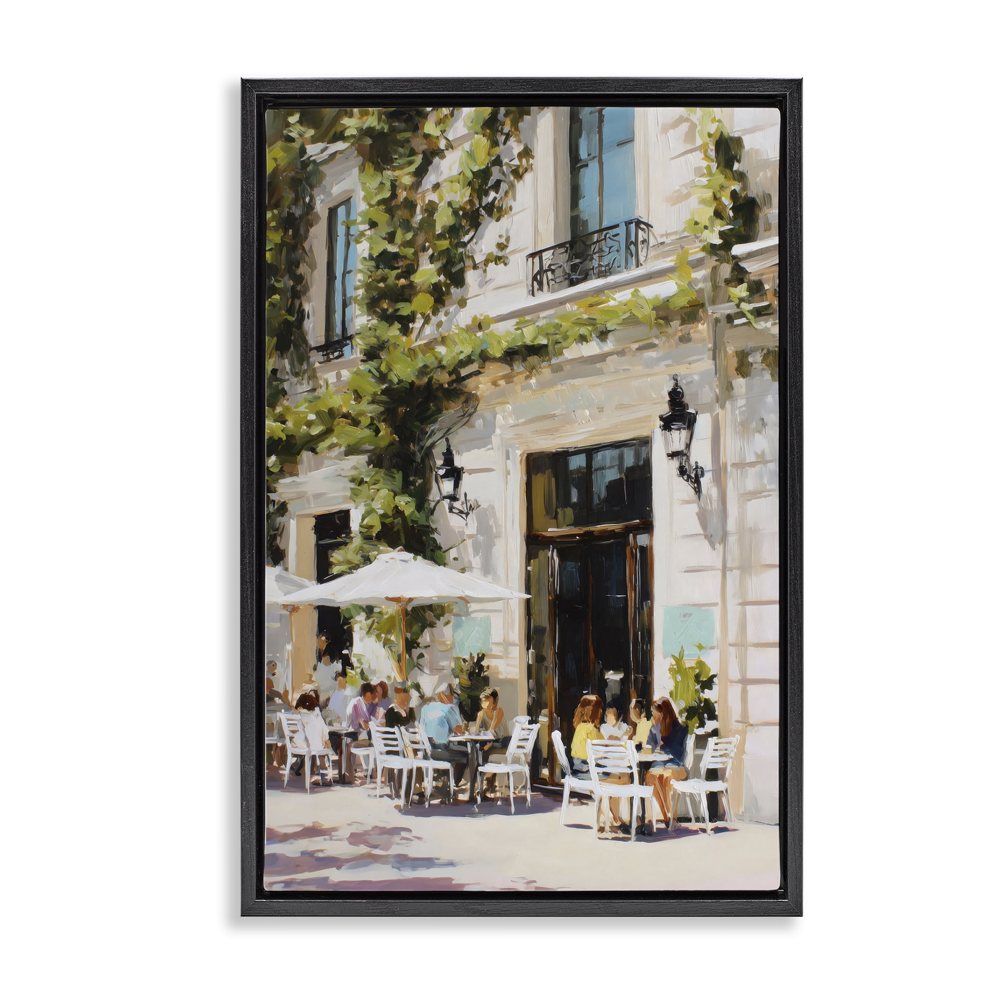 Stupell Industries Streetside Cafe Terrace with Ivy Black Framed Floater Canvas Wall Art, design by Petal Prints Design