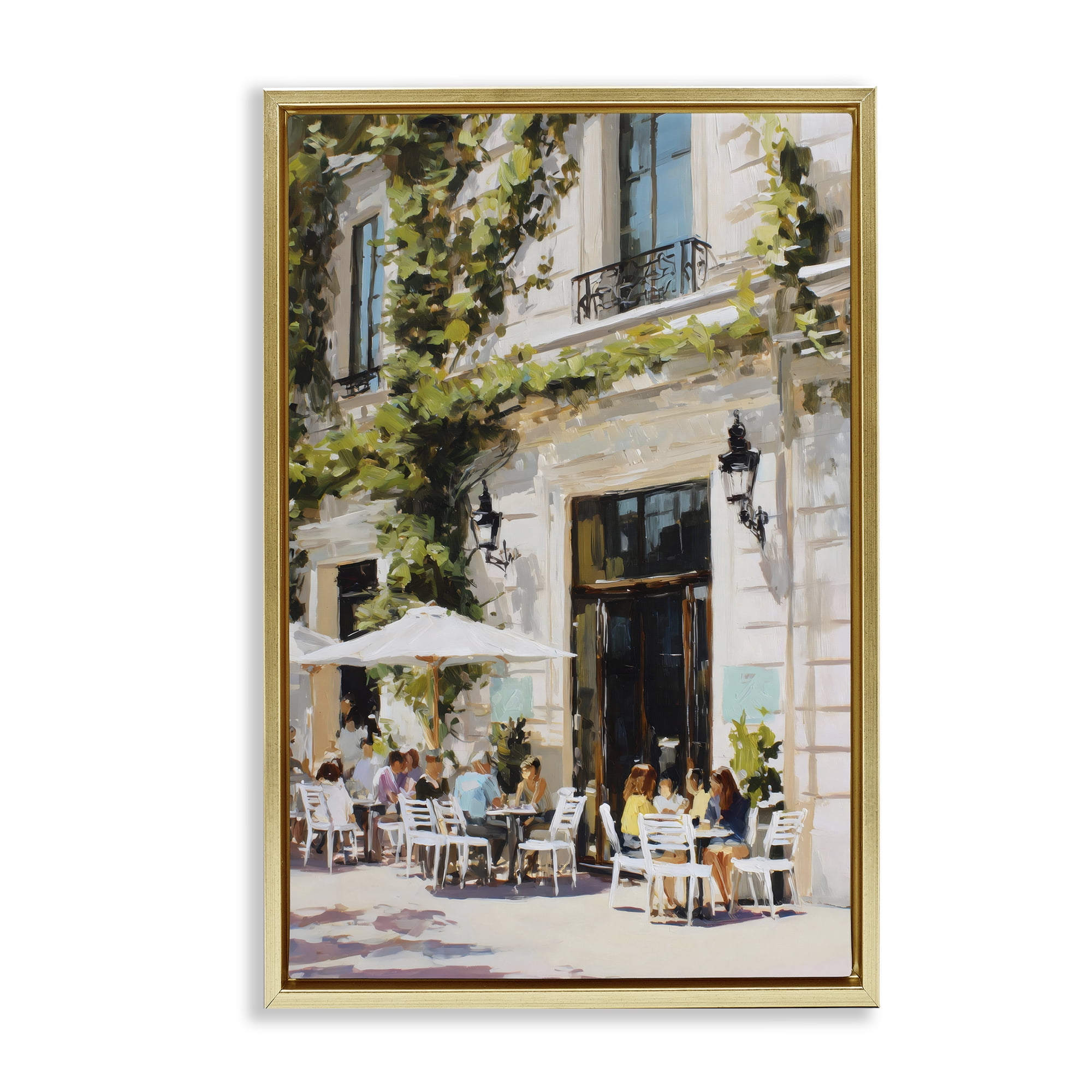 Stupell Industries Streetside Cafe Terrace with Ivy Gold Framed Floater Canvas Wall Art, design by Petal Prints Design