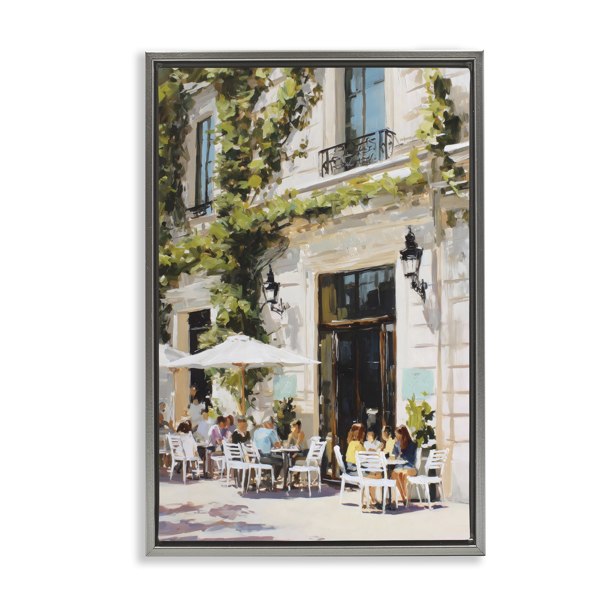 Stupell Industries Streetside Cafe Terrace with Ivy Gray Framed Floater Canvas Wall Art, design by Petal Prints Design