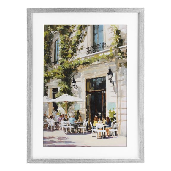 Stupell Industries Streetside Cafe Terrace with Ivy Gray Framed Print Under Glass, design by Petal Prints Design