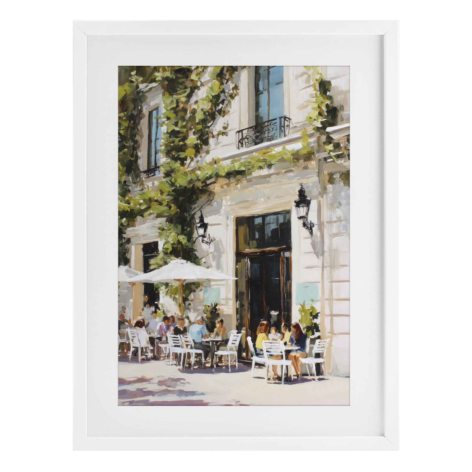 Stupell Industries Streetside Cafe Terrace with Ivy White Framed Print Under Glass, design by Petal Prints Design