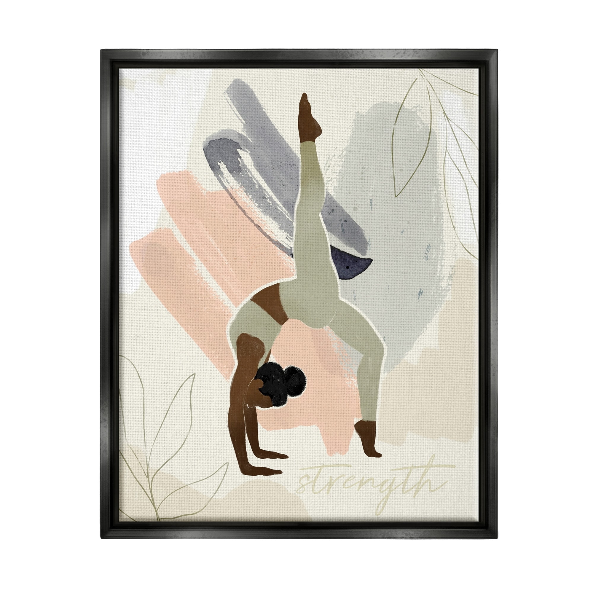 Stupell Industries Strength Abstract Leaf Simple Yoga Fitness Person Jet Black Framed Floating Canvas Wall Art, 24x30, by Victoria Barnes
